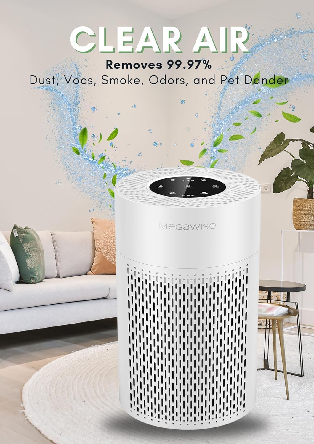 MEGAWISE Smart Air Purifier for Home, H13 HEPA Filter, Large Room up to 1076ft², Sleep Mode, Quiet, White, Model HHAP0006