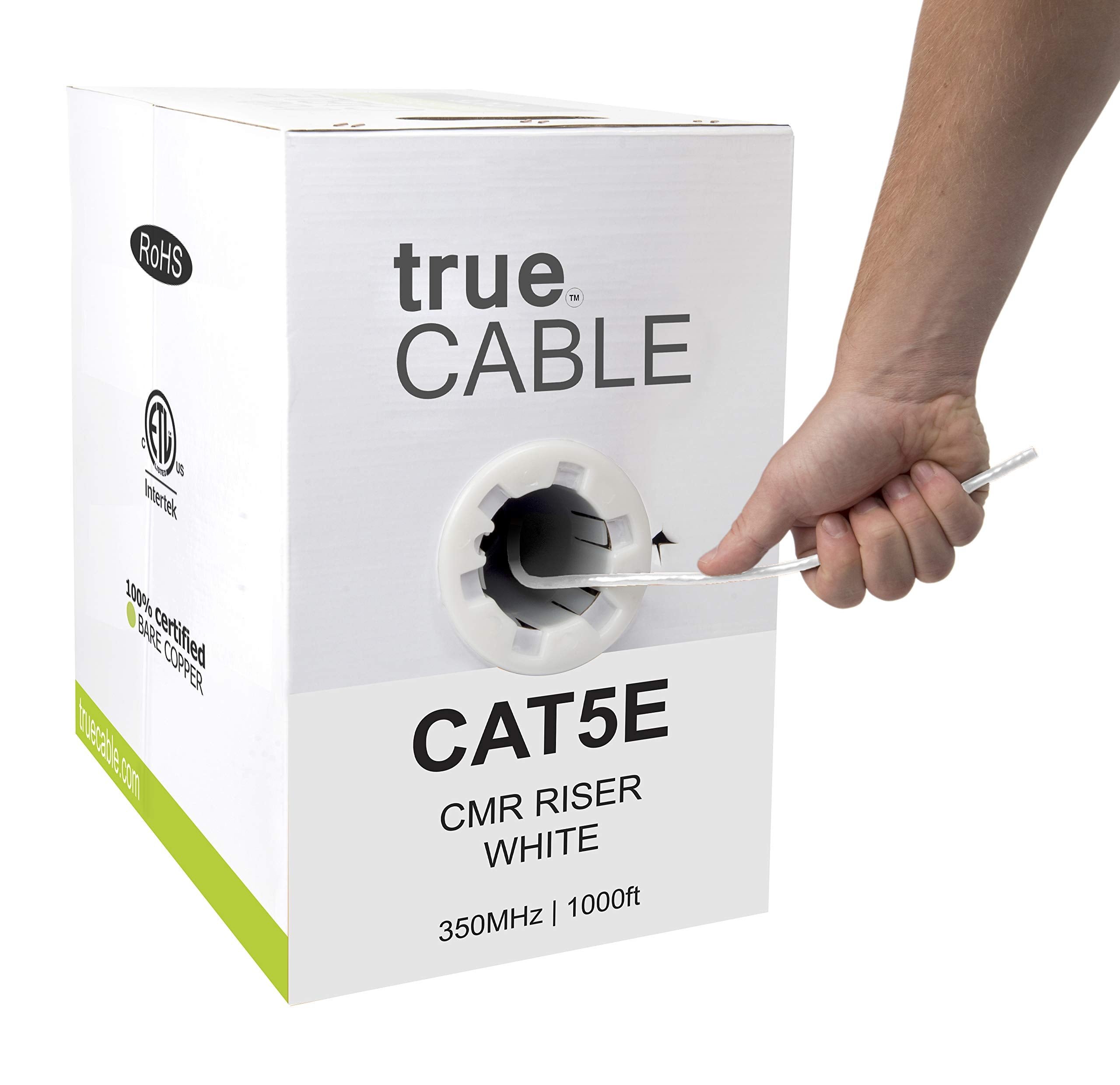 Truecable Cat5E Riser (Cmr), 1000Ft, White, 24Awg 4 Pair Solid Bare Copper, 350Mhz, Poe++ (4Ppoe), Etl Listed, Unshielded Twisted Pair (Utp), Bulk Ethernet Cable
