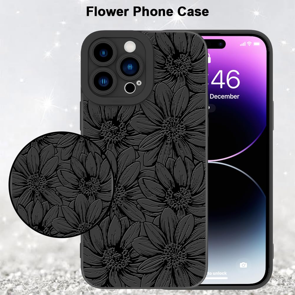 Mzelq For Iphone 14 Pro Case, Silicone Black Floral Flowers Sunflowers Cute Pattern, Camera Protection Soft Slim Phone Case For