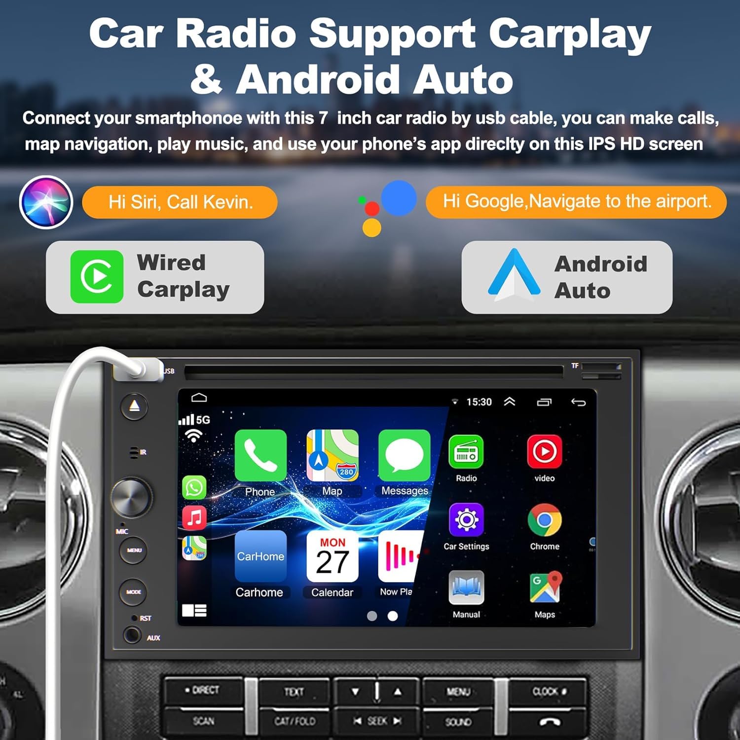 Double Din Car Stereo With Carplay & Android Auto, 7 Inch Car Radio With Cd/Dvd Player Support Back Up Camera, Bluetooth & Voice