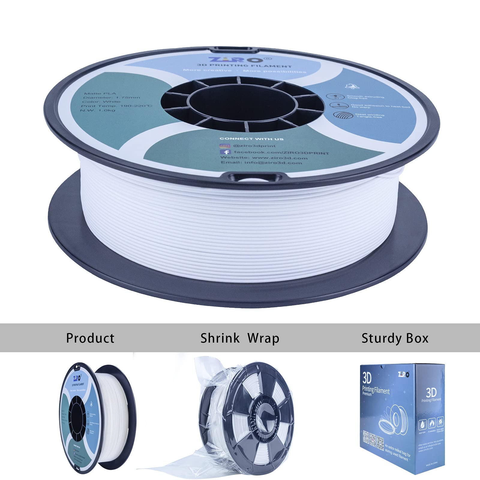 Ziro Matte Pla Filament 175Mm,1Kg 3D Printer Filament,High Toughness Pla,Dimensional Accuracy +  003Mm,Matte Pla White