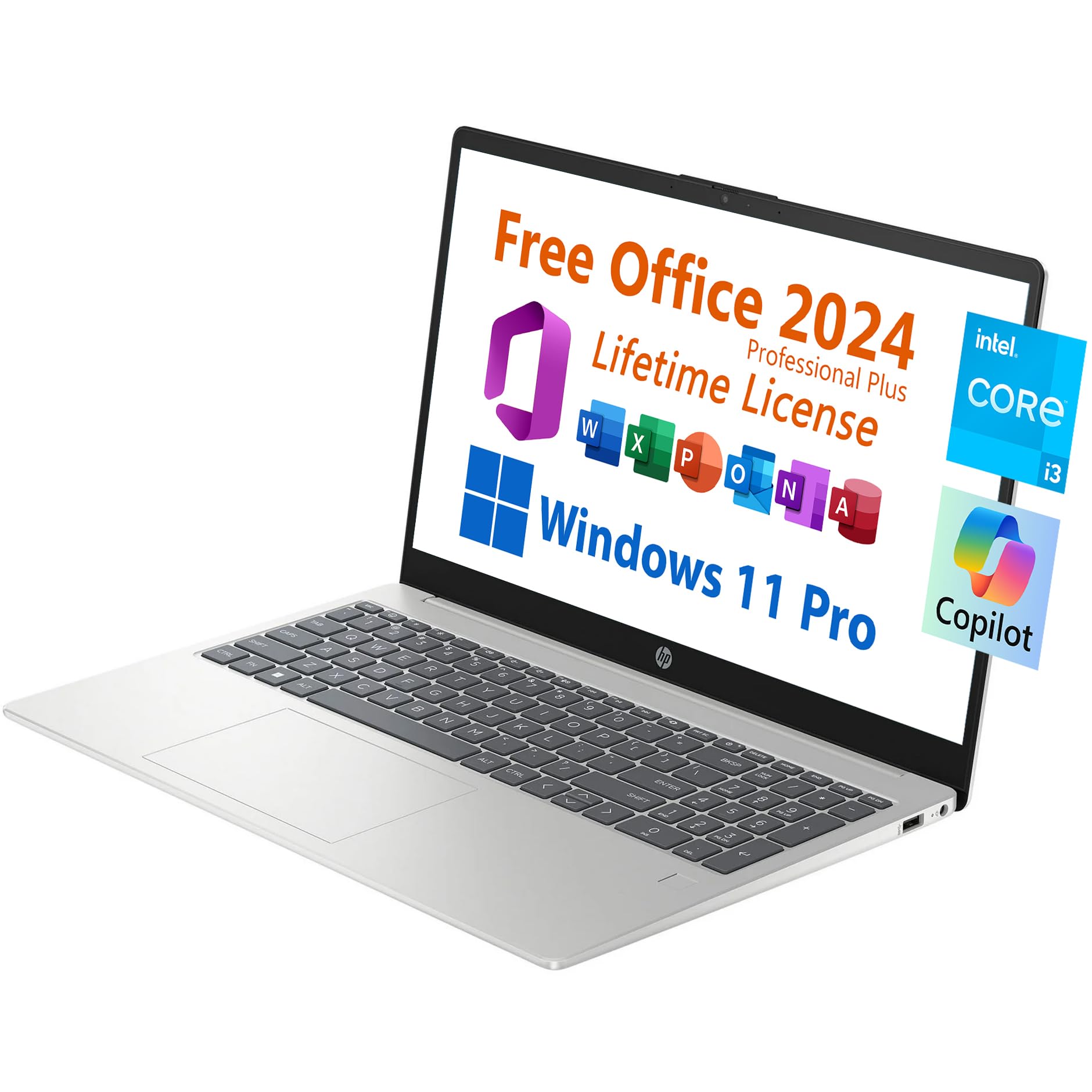 Hp 15.6 Business Student Laptop, Free Microsoft Office 2024 Lifetime License, Copilot Ai Chat, Fhd Non-Touch, Intel 8-Core I3-N3