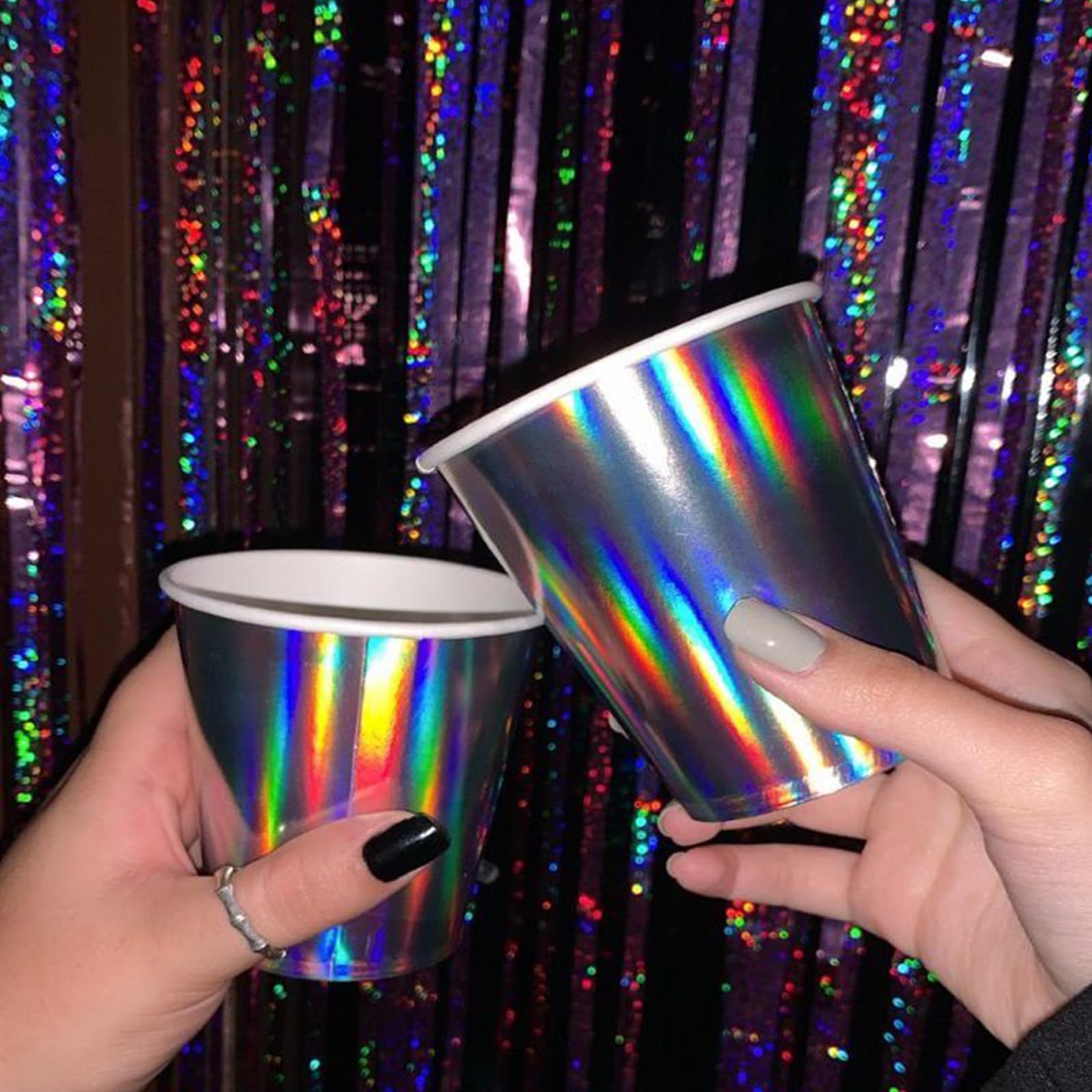 Canrevel 2 Pack 3.3X8.2 Feet Laser Black Foil Fringe Backdrop Curtains, Tinsel Streamers Birthday Party Decorations, Fringe Back