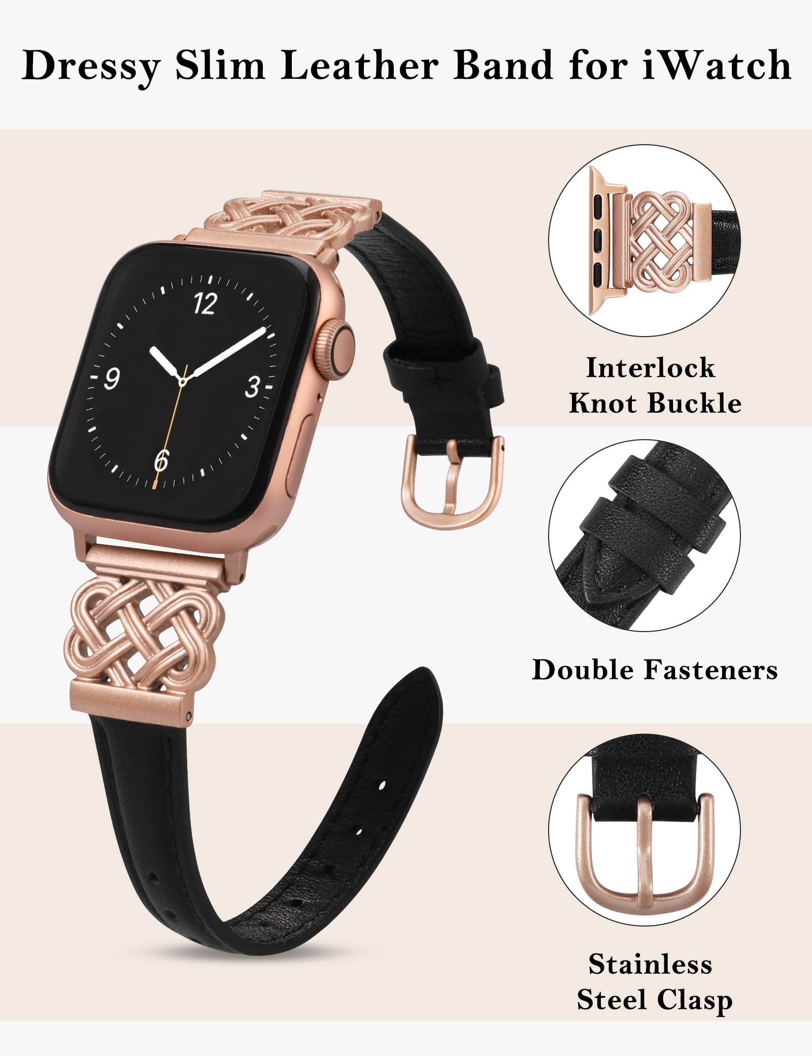 Toyouths Leather Band Compatible With Apple Watch Bands Women 42/44/45/46/49Mm Dressy Slim Thin Strap With Designer Interlock Bu
