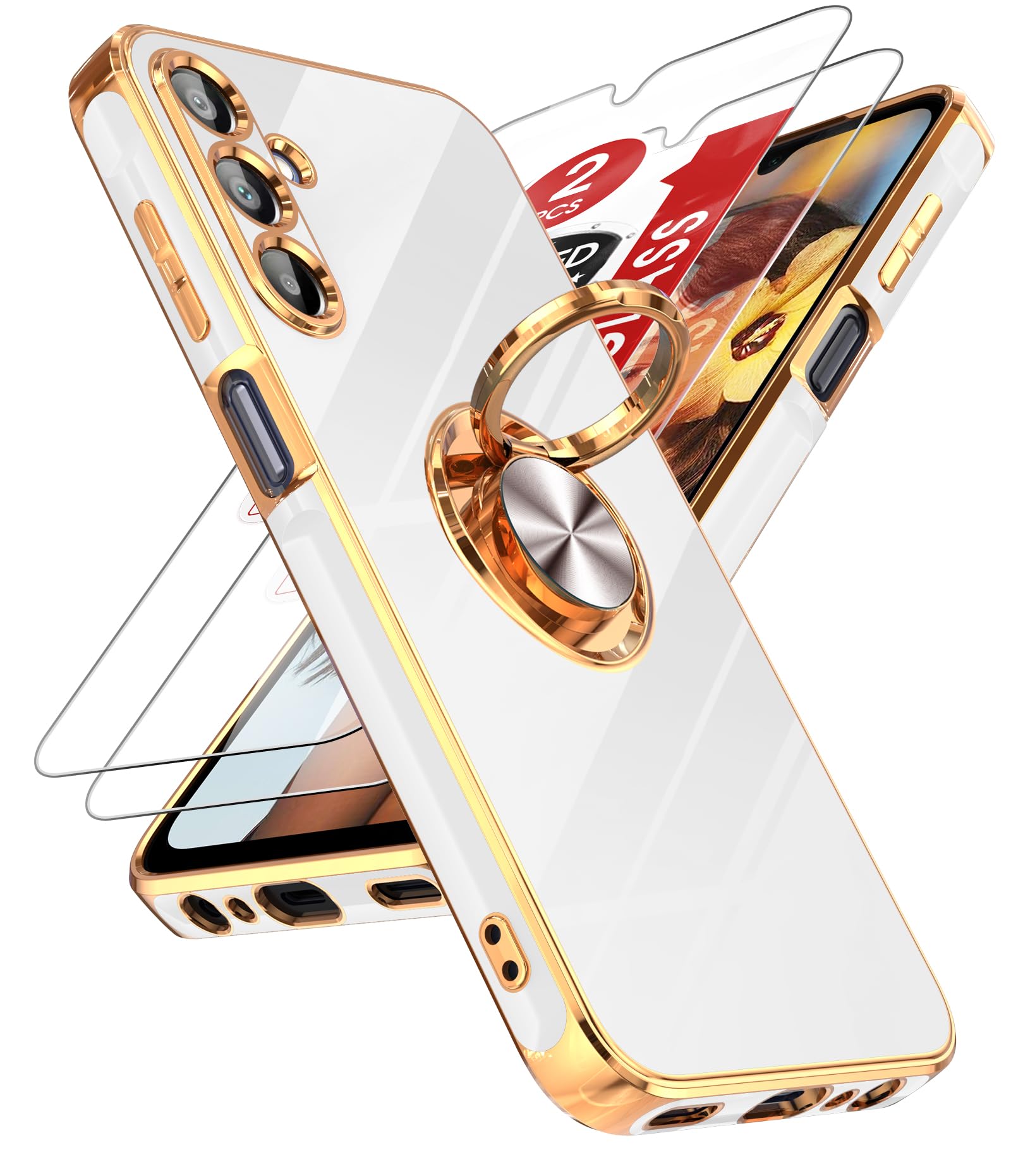 Leyi For A15 5G Phone Case: With Tempered Glass Screen Protector [2 Pack] 360 Rotatable Ring Holder Magnetic Kickstand, Plating