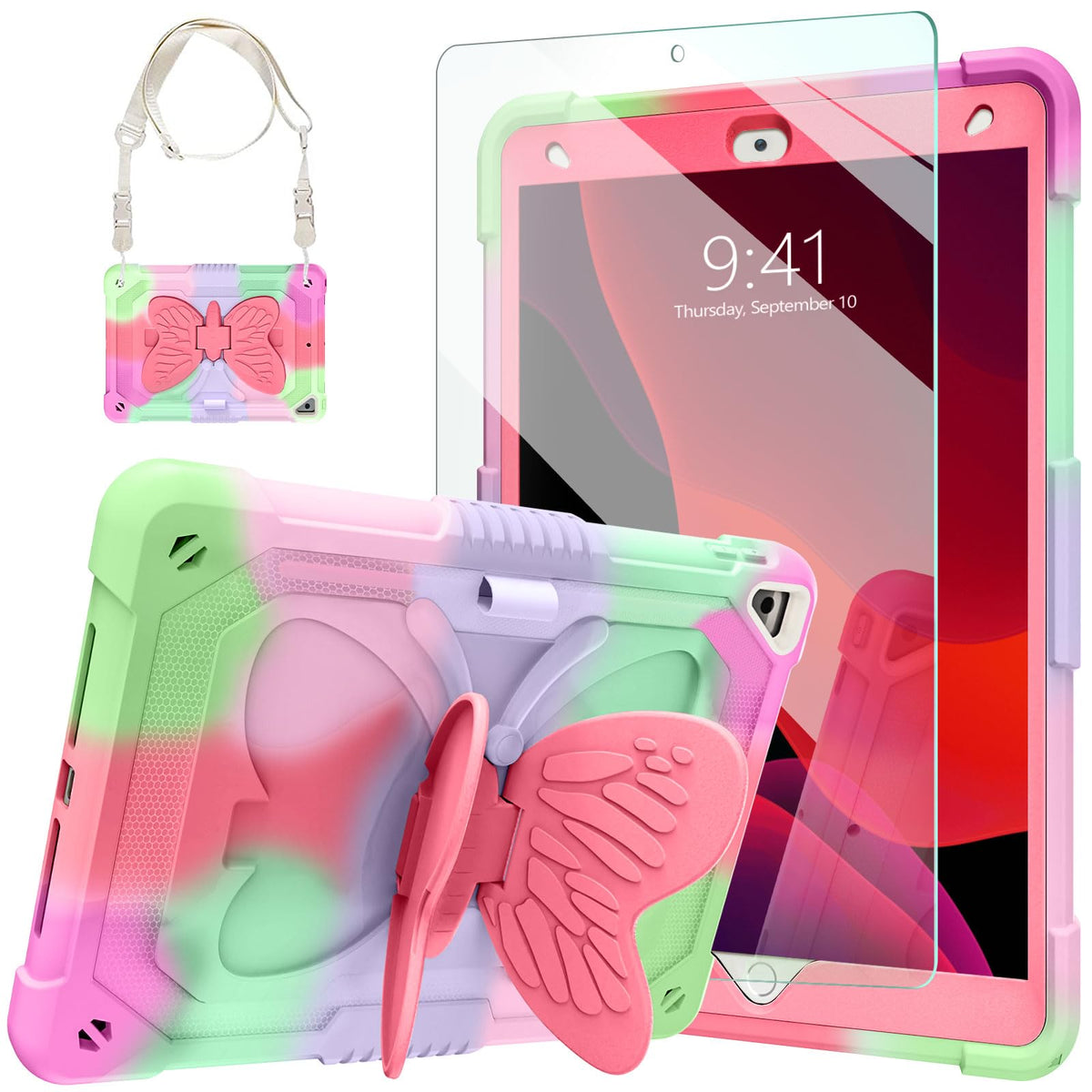 Ambison Case For Ipad 9Th/8Th/7Th Generation 10.2 Inch With Glass Screen Protector,Rugged Shockproof Protective Cover For Kids Girls Butterfly Stand,Shoulder Strap For Ipad 2021/2020/2019R-Rose Red