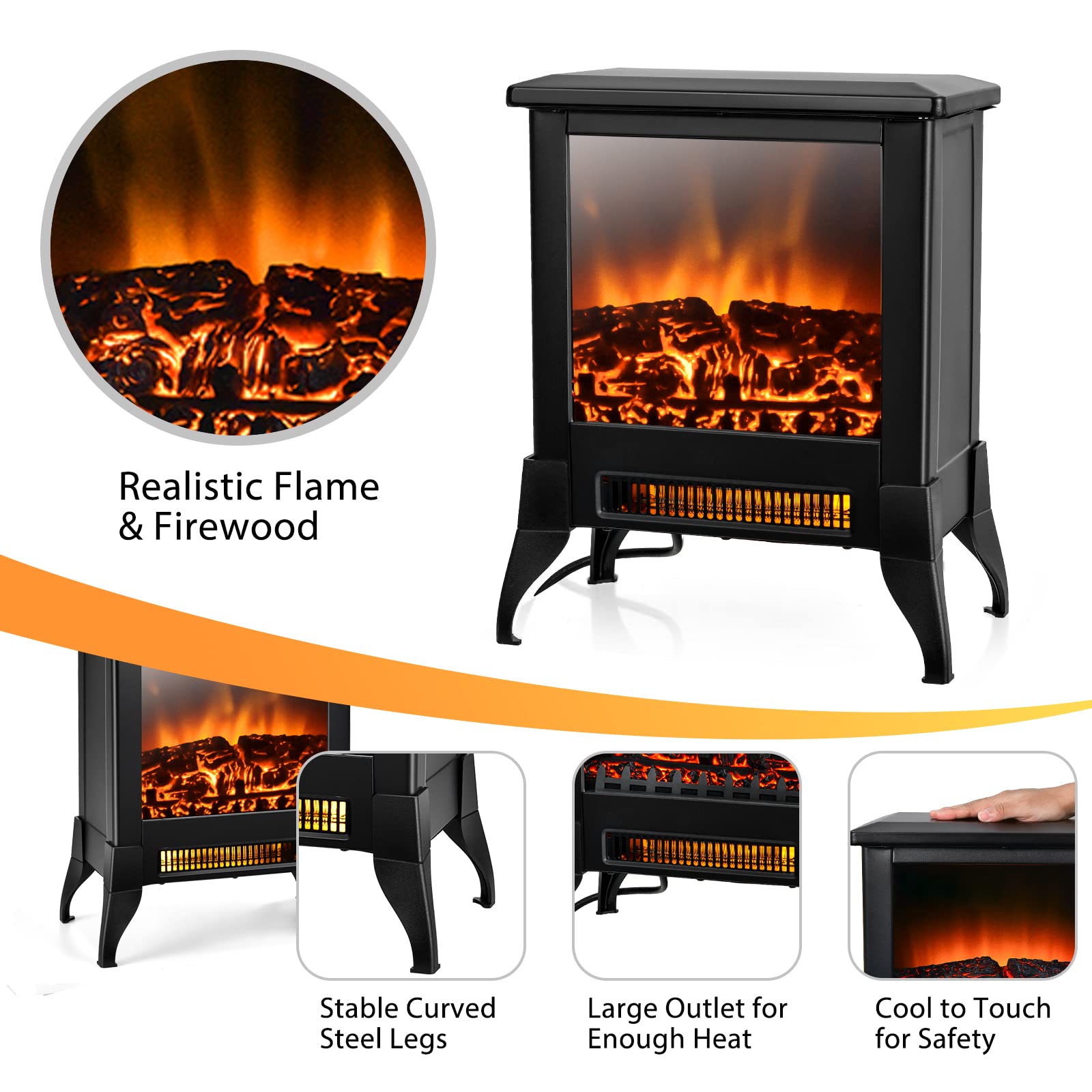 Goflame Electric Fireplace Heater Freestanding, 1400W Compact Fireplace Stove W/Realistic Flame Effect & Adjustable Temperature,