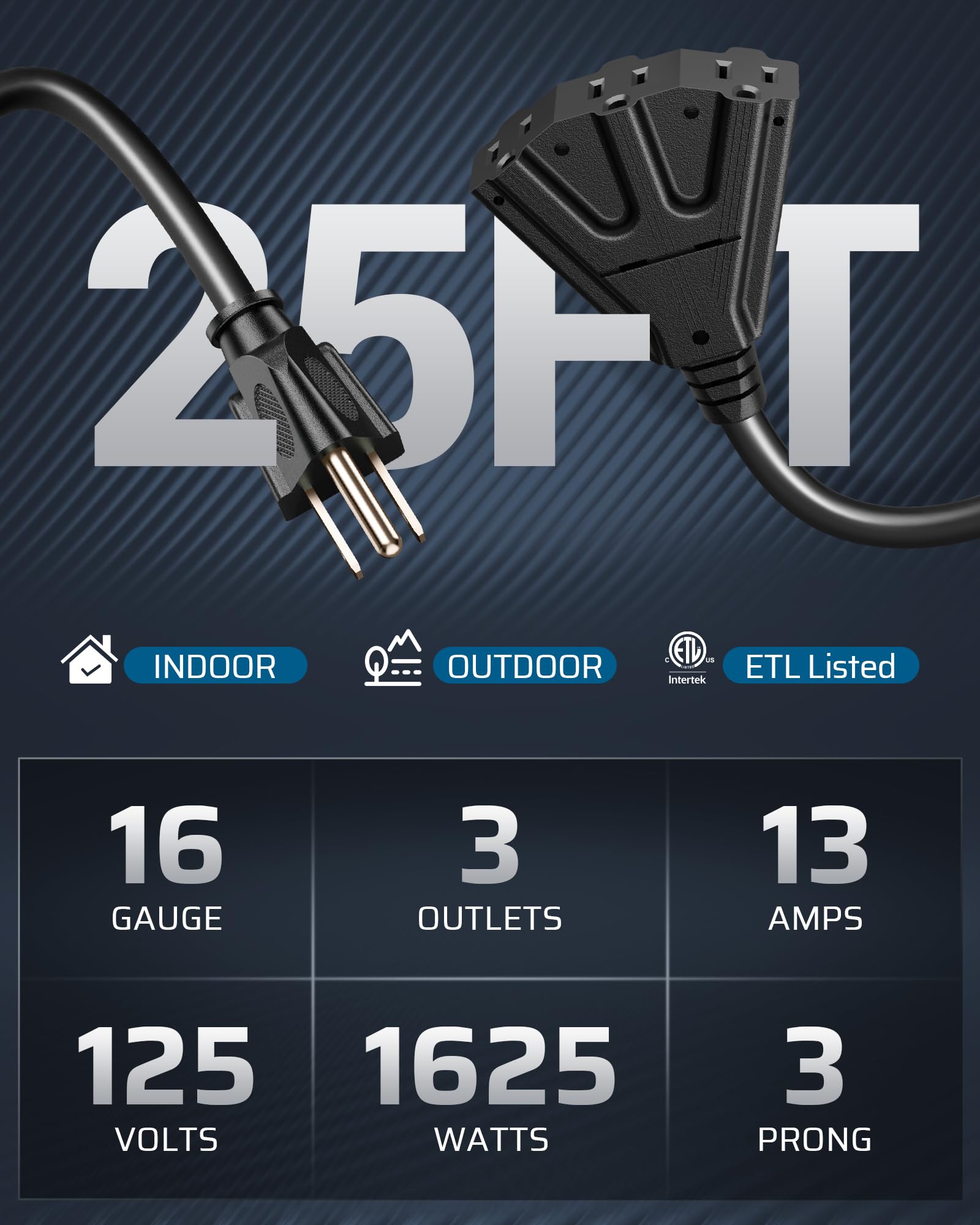 Dewenwils 25Ft Christmas Outdoor Extension Cord, 16/3 Sjtw Tri Tap Power Cable, Weatherproof, Heavy Duty Extension Cord For Holi