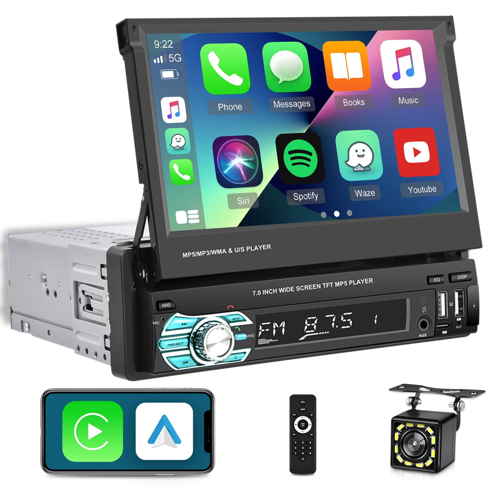 Single Din Flip Out Screen Car Stereo With Wireless Carplay And Android Auto, 7 Inch 1 Din Touch Screen Radio Support Bluetooth/