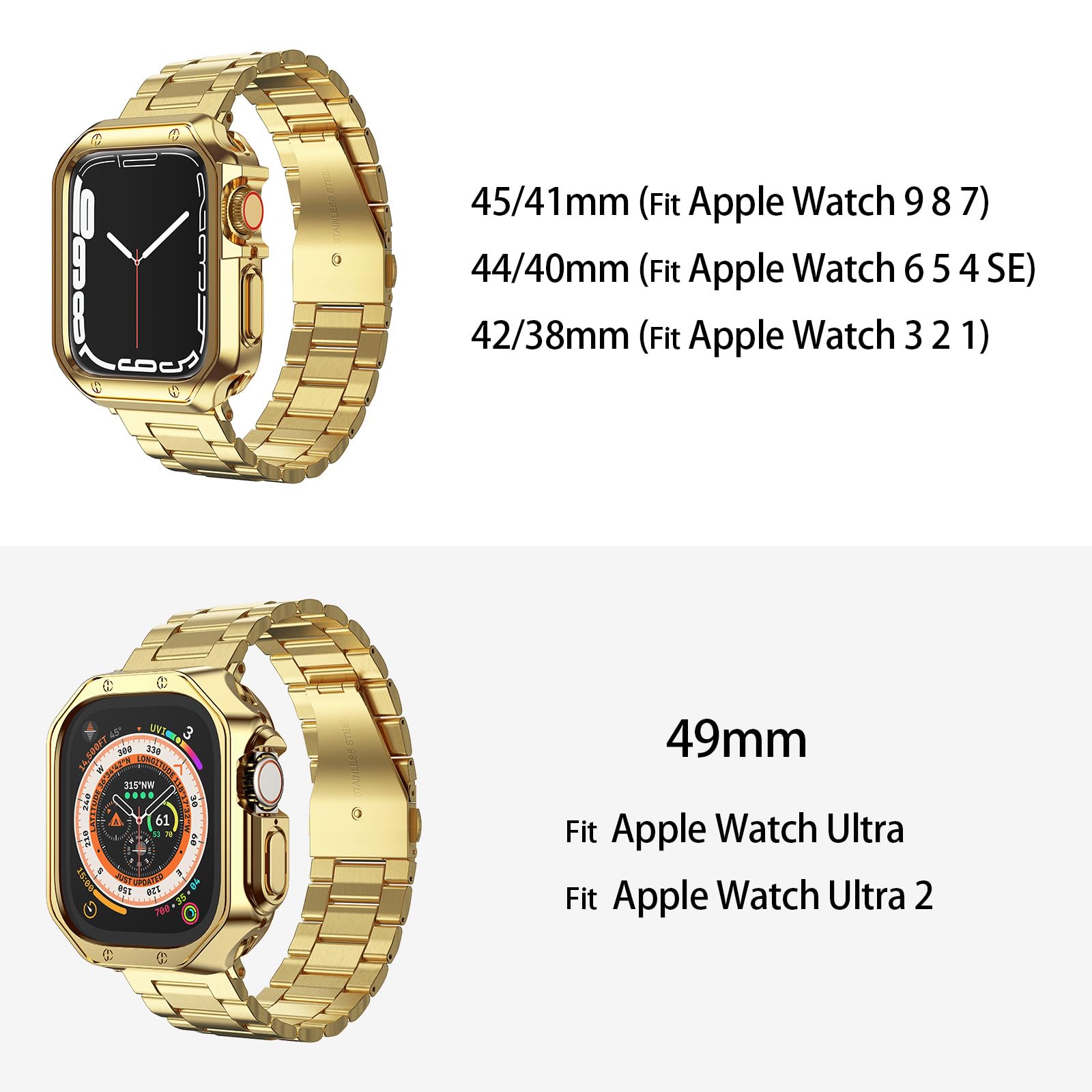 MRYUESG Gold Stainless Steel Metal Chain Band with TPU Cover for Apple Watch Ultra 2, 49mm Smart-Watch Link Bracelet Strap for Men