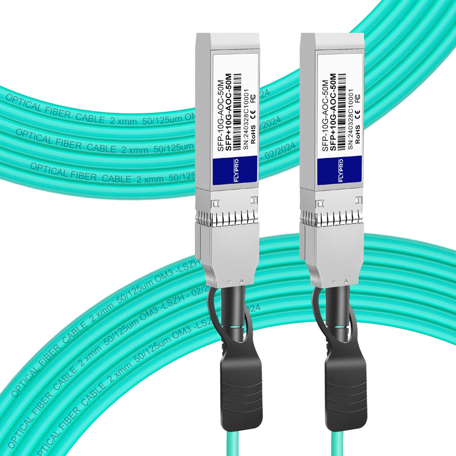 FLYPROFiber SFP+ to SFP+ AOC Active Optical Fiber Cable, OM3 MMF, 50M (164ft), Compatible with Cisco, Ubiquiti UniFi, Supermicro