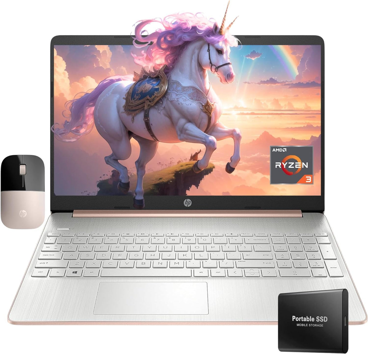 HP Newest 15.6 Laptop with Wireless Mouse and Fingerprint Reader, 16GB RAM, 1TB SSD, AMD Ryzen 3 Core, Long Lasting Battery, Win11, Rose Gold