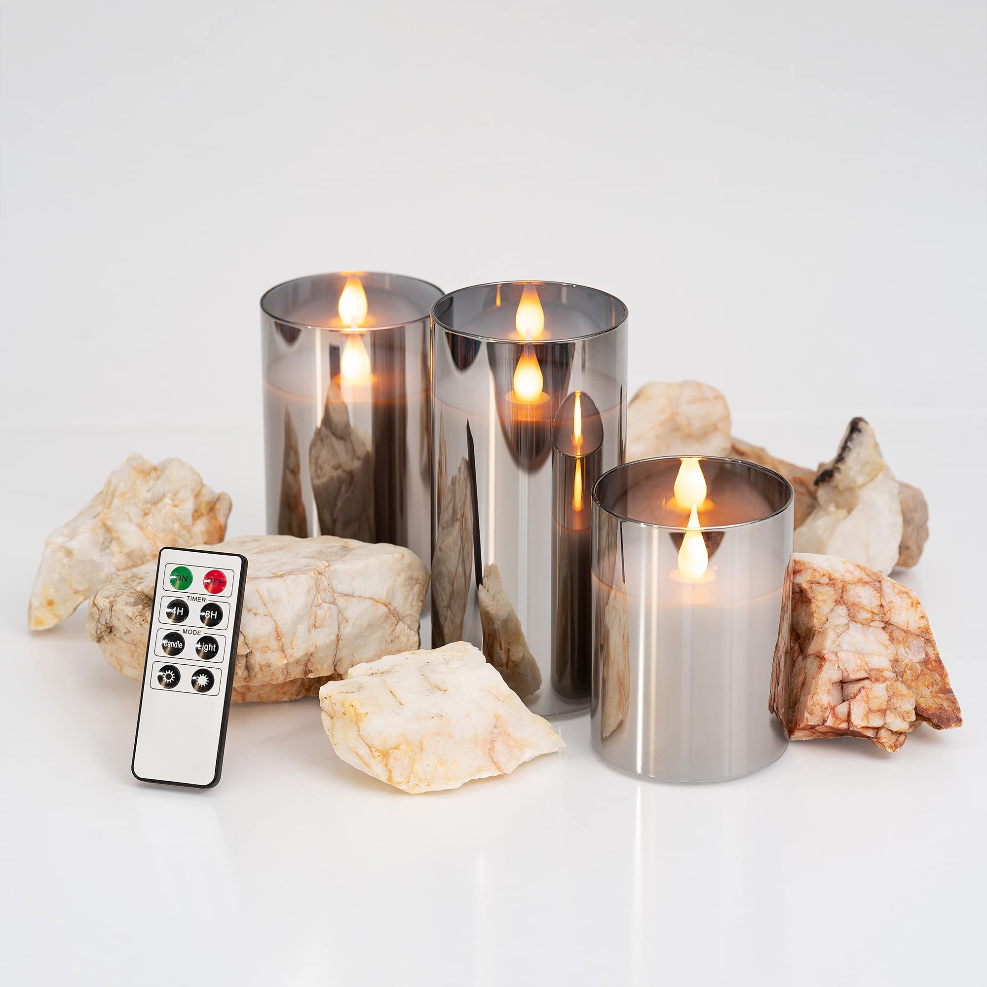 Wyzworks Silver Gray Metallic Led Tinted Glass Mirrored Flickering Flameless Pillar Candles, Set Of 3 W/Remote Control, Timer, R