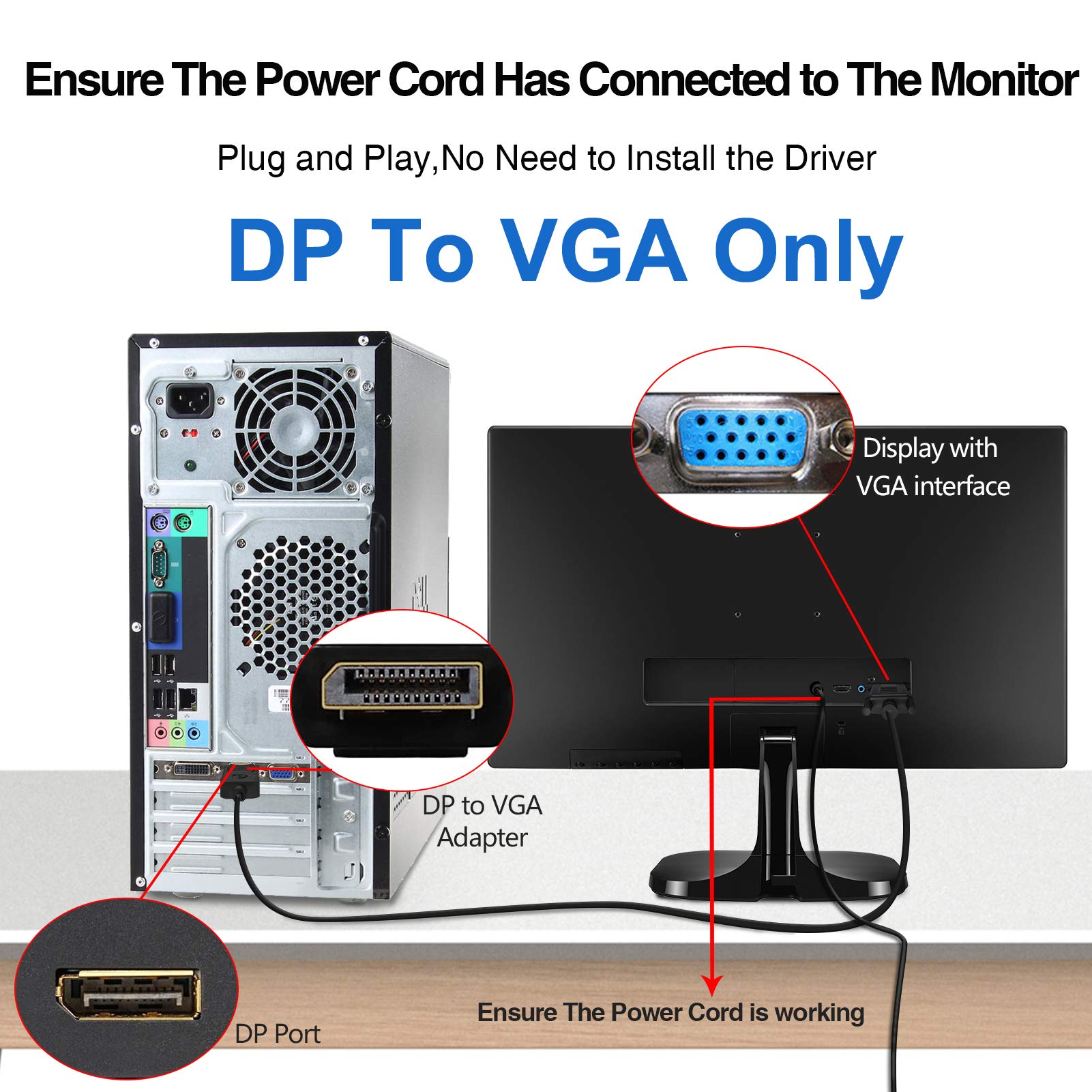 Foboiu Displayport To Vga, Display Port To Vga 10 Feet Dp To Vga Cable Connects Dp Port From Desktop Or Laptop To Monitor Or Pro
