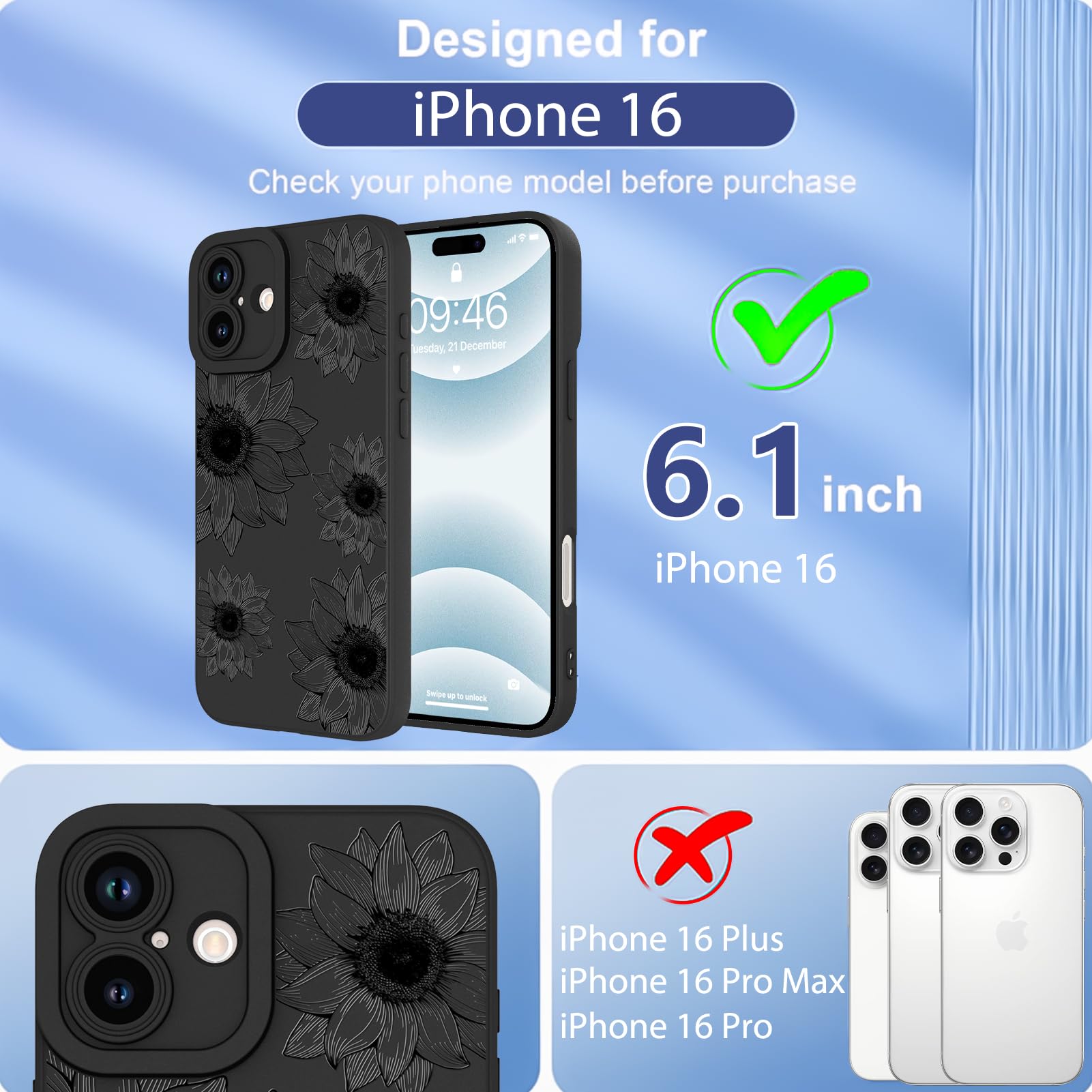 Ook Floral Case For Iphone 16 Case, Cute Sunflower Floral Blooms Design Soft Tpu Shockproof Protective For Women Girls Phone Cov