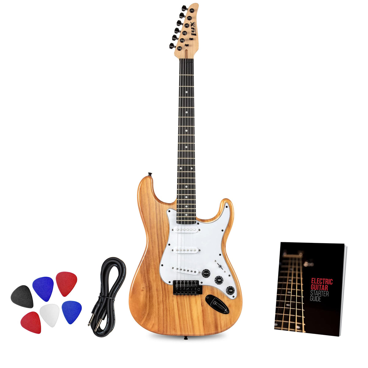 Lyxpro Cs 39� Electric Guitar Kit For Beginner, Intermediate & Pro Players With Guitar, Amp Cable, 6 Picks & Learner�S Guide | Solid Wood Body, Volume/Tone Controls, 5 Way Pickup   Natural