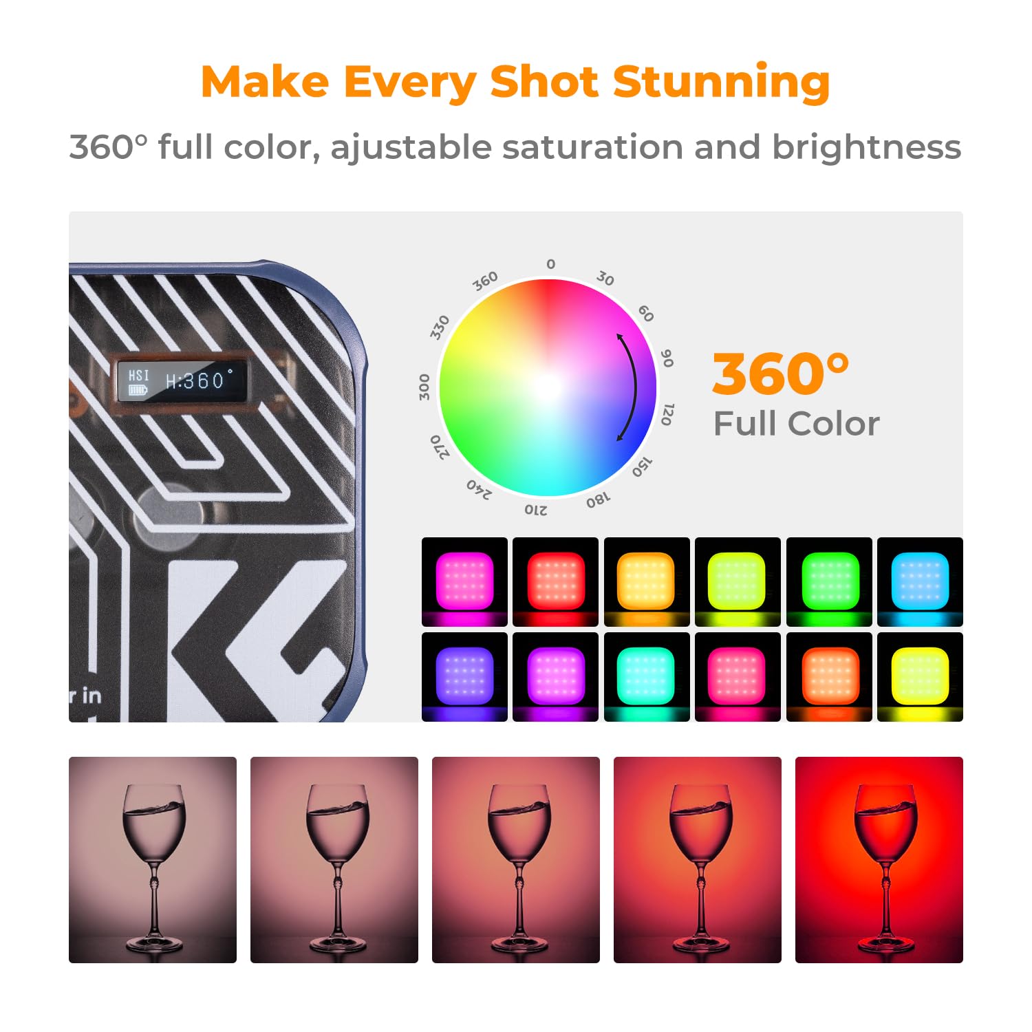 K&F Concept Rgb Video Light, 360 Full Color Portable Photography Light, Led Camera Light W 21 Light Effects, 2500K 9900K Cri 96+
