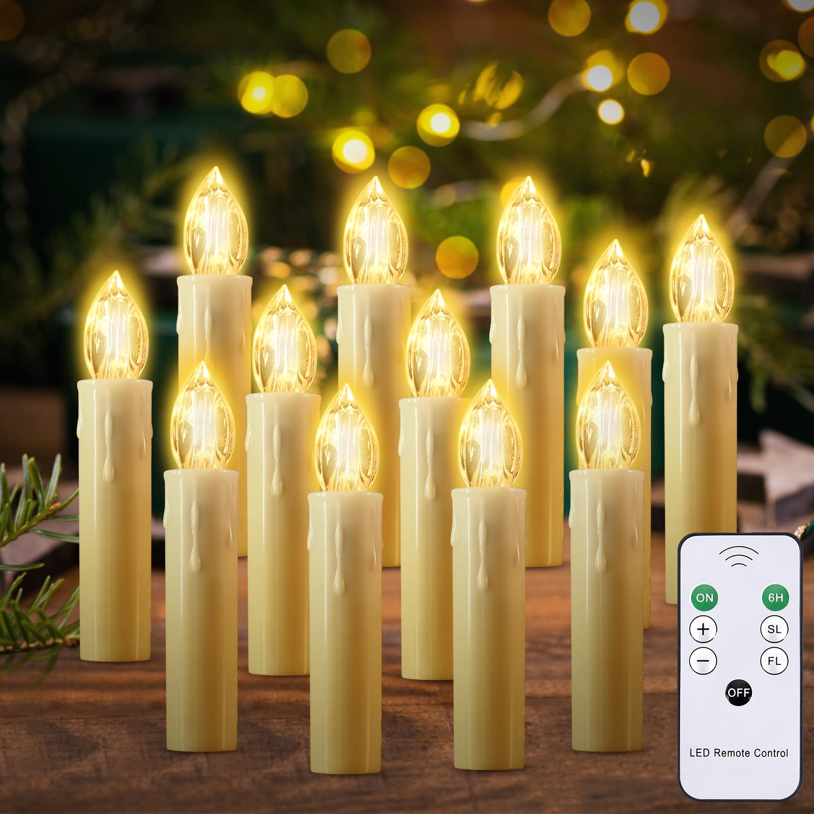Josu Flameless Candles Christmas Decor, 12Pcs Led Flickering Lights Battery Operated With Remote Timer/Clips, Warm White Window 