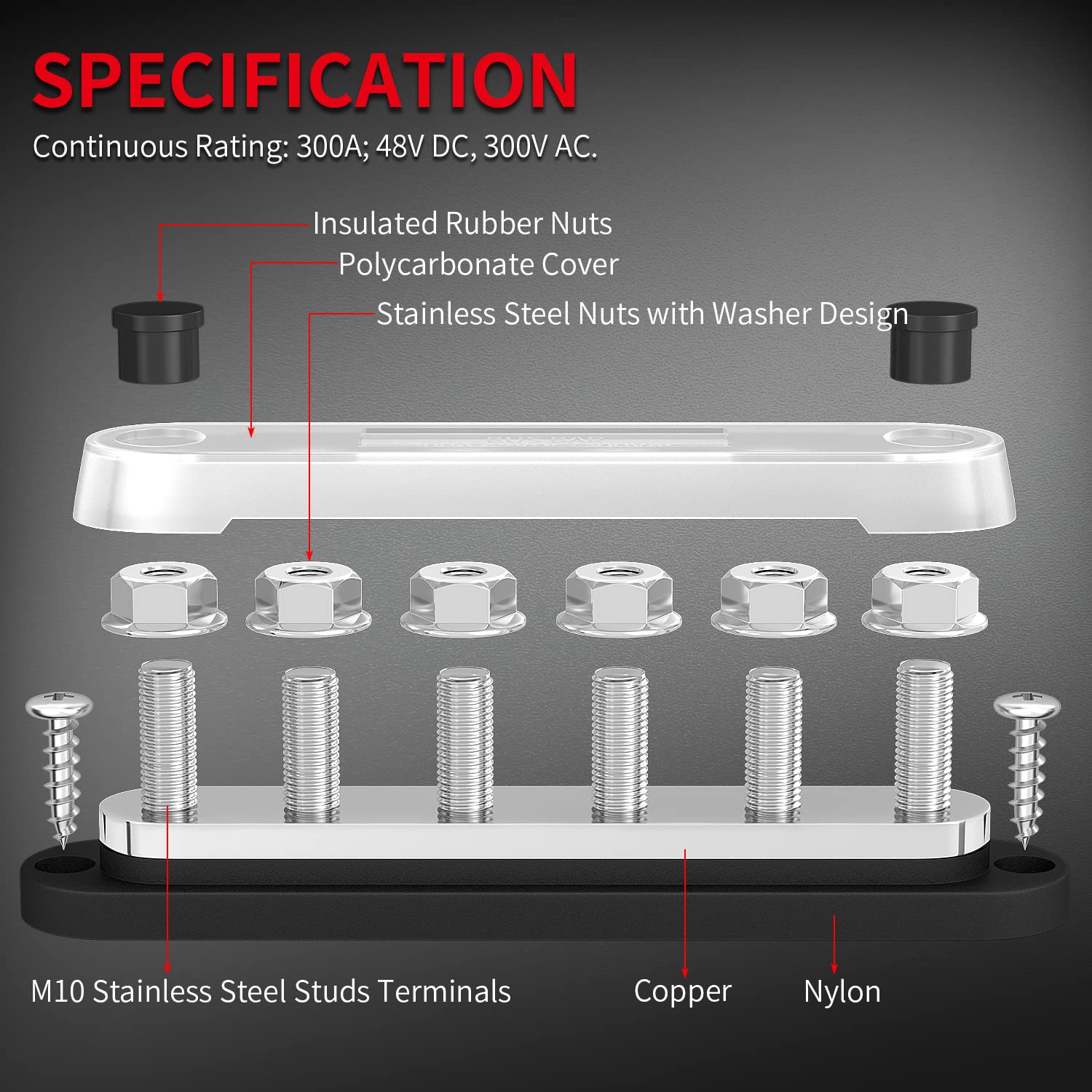 Daiertek 300A Bus Bar 12V Marine 12V Power Distribution Block With Cover 6 X 3/8'' (M10) Terminal Studs Max 300V Ac 48V Dc Posit