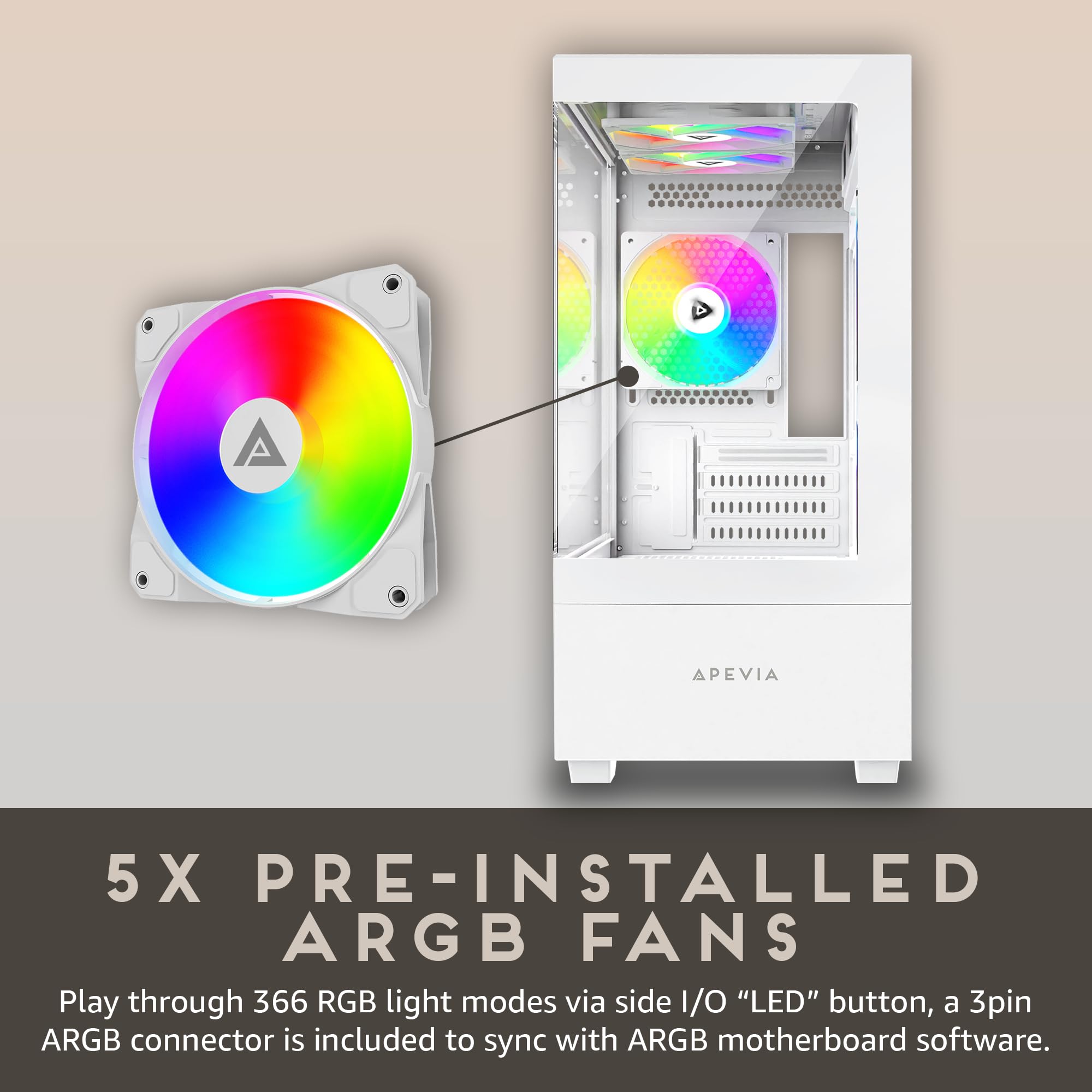 Apevia Phantom Wh Phantom Micro Atx Dual Chamber Gaming Pc Case W/ 5X 120Mm Argb Fans, 366 Rgb Modes, Dual Tempered Glass Panels