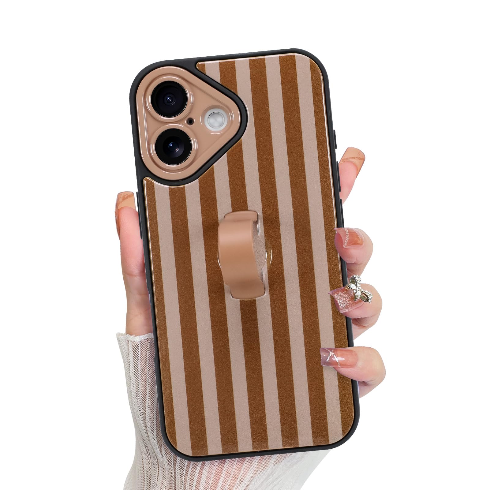 KANGHAR Compatible with iPhone 16 Case, Silicone Stripes Cute Pattern, Wristband Kickstand Camera Protection Soft Slim Cover for