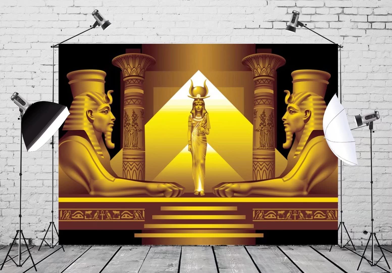Beleco 7X5Ft Fabric Golden Egypt Temple Backdrop Palace Hall Stairway Egyptian Pyramid Pharaoh Sphinx Egypt Queen Cleopatra Phot