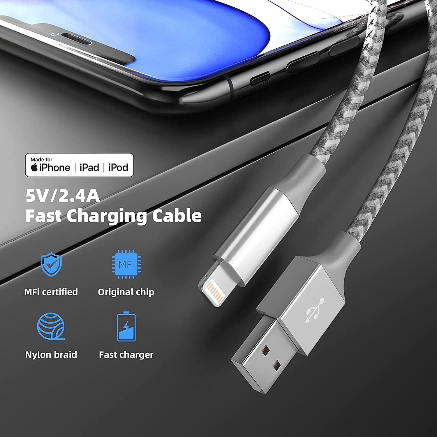 Iphone Charger [Apple Mfi Certified] 3Pack 10Ft Long Lightning Cable Fast Charging High Speed Data Sync Usb Cable Compatible Iphone 13/12/11 Pro Max/Xs Max/Xr/Xs/X/8/7/Plus/6S (Grey White)