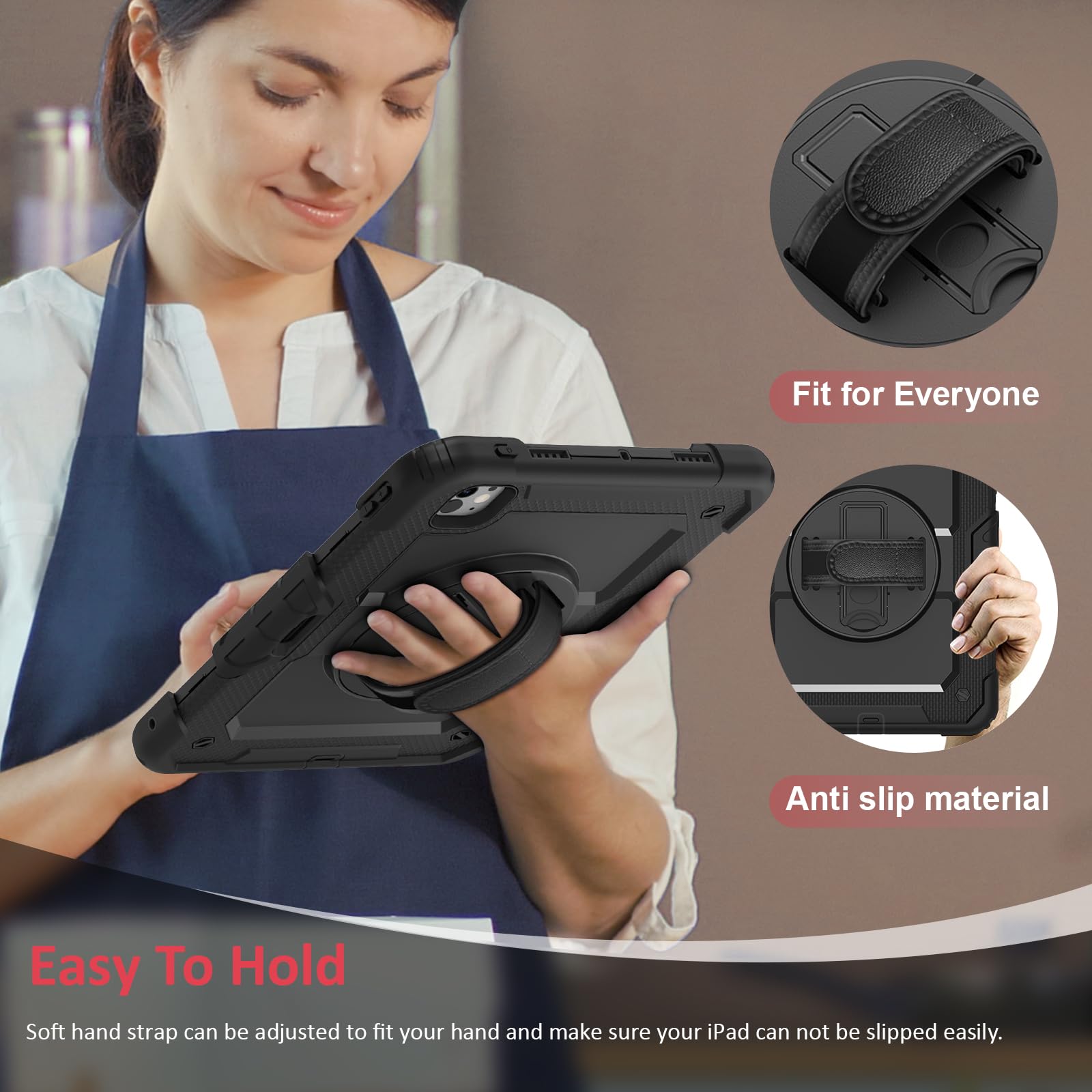 Ambison For Ipad Pro 11 Inch Case 2024(M4, 5Th Generation),With 9H Tempered Glass Screen Protector,Full Body Heavy Duty Shockproof Protective Cover With 360� Rotate Strap Stand,Pencil Holder Black