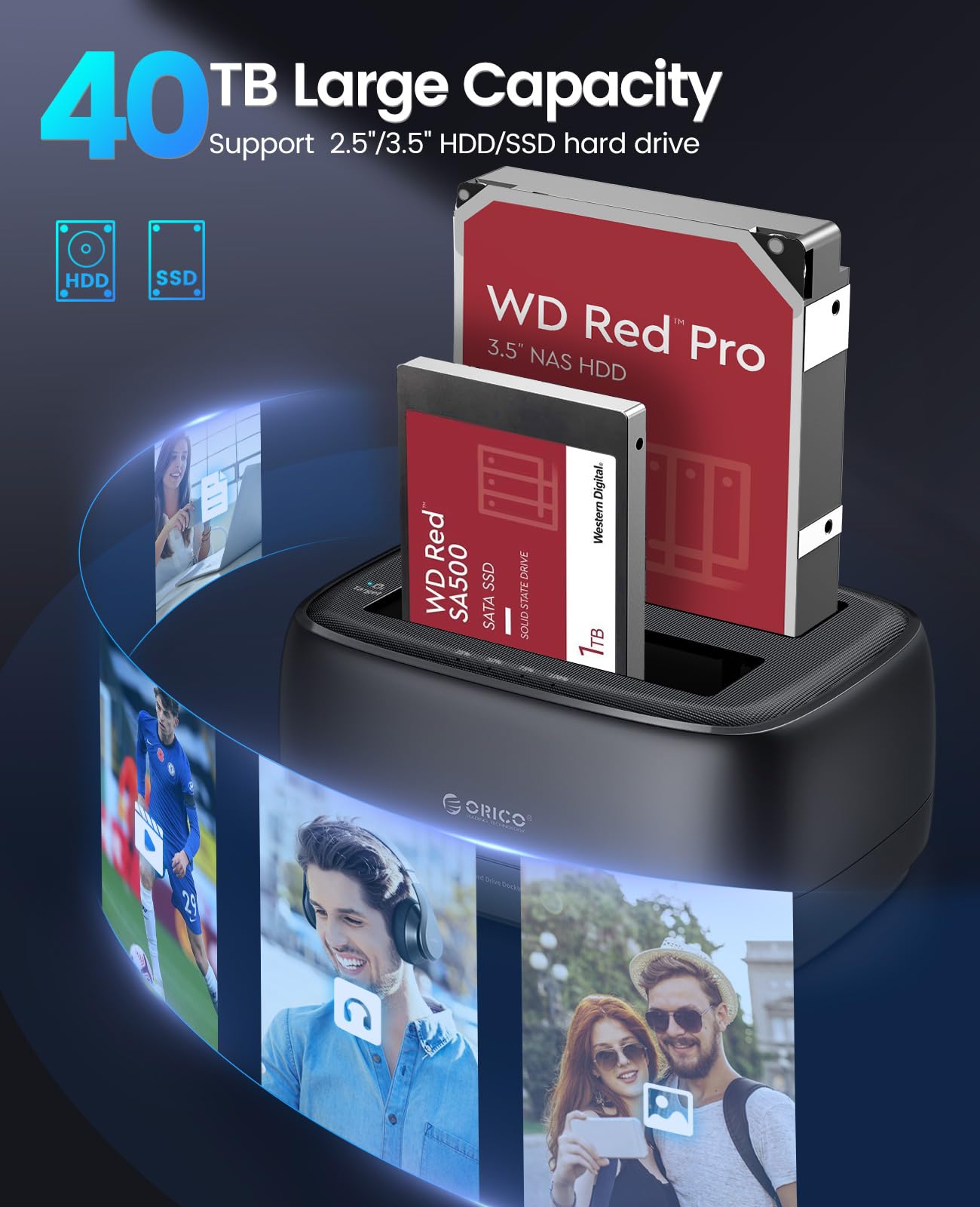 ORICO Hard Drive Docking Station Dual Bay USB 3.0 to SATA with Duplicator/Offline Clone Function External Hard Drive Dock for 2.5''/3.5'' HDD SSD Max Up to 40TB Support UASP Plug&Play DD C