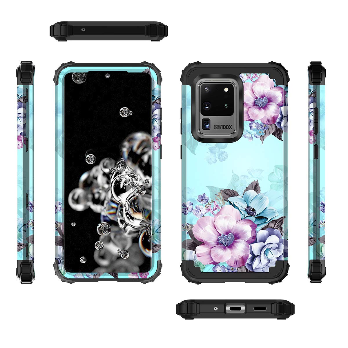 Casetego Compatible With Galaxy S20 Ultra Case,Floral Three Layer Heavy Duty Hybrid Sturdy Shockproof Full Body Protective Cover Case For Samsung Galaxy S20 Ultra 6.9 Inch,Blue Flower