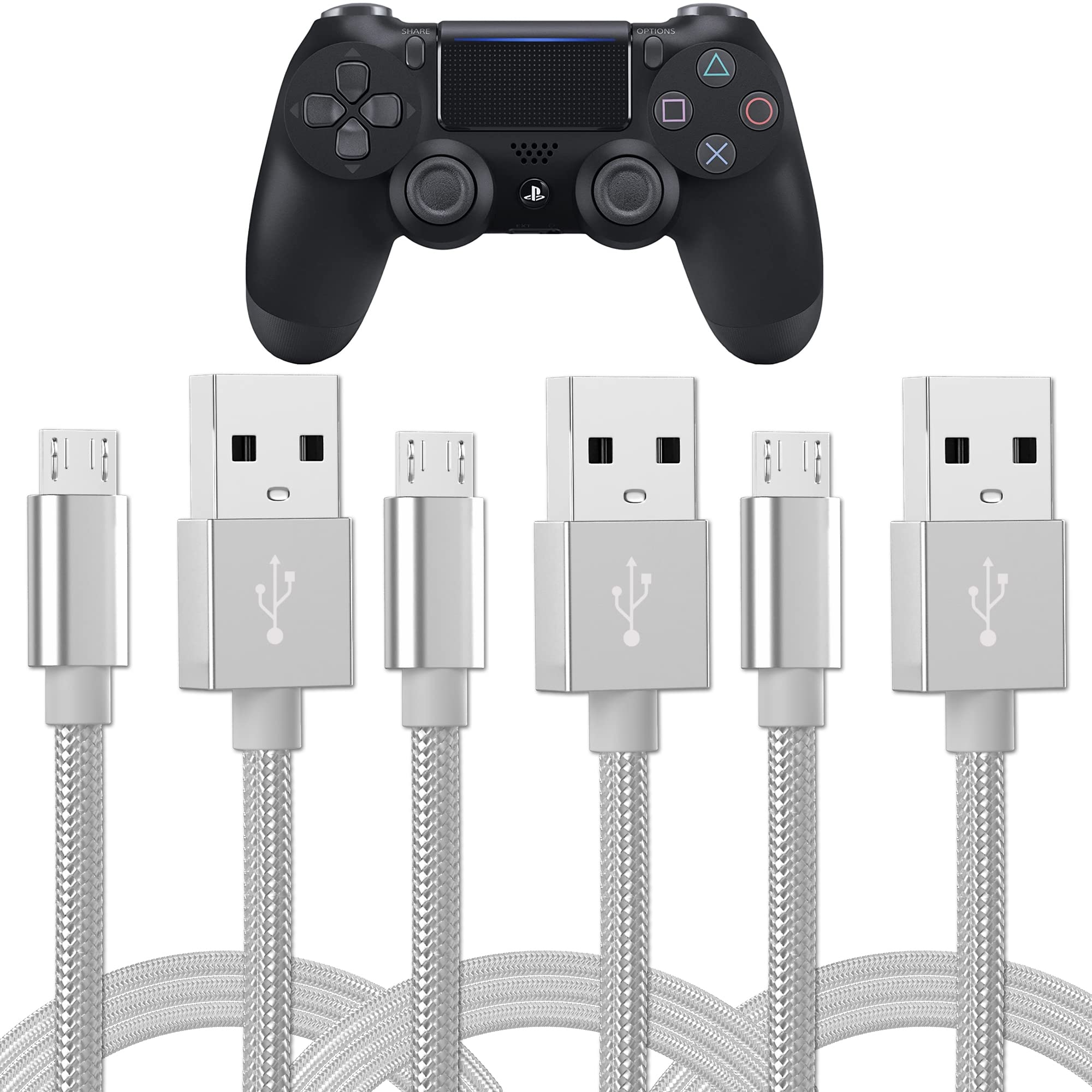 TALK WORKS PlayStation 4 Controller Charging Cable Micro USB - 6 Long Braided Heavy Duty Fast Charger Cord for PS4 (Silver, Pac