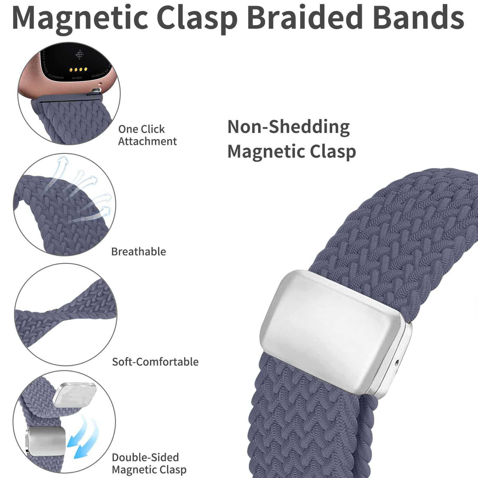 Zspoly Braided Bands Compatible With Fitbit Versa 2 Bands For Women/Versa/Lite/Se Band, Magnetic Clasp Elastic Fabric Sport Nylo
