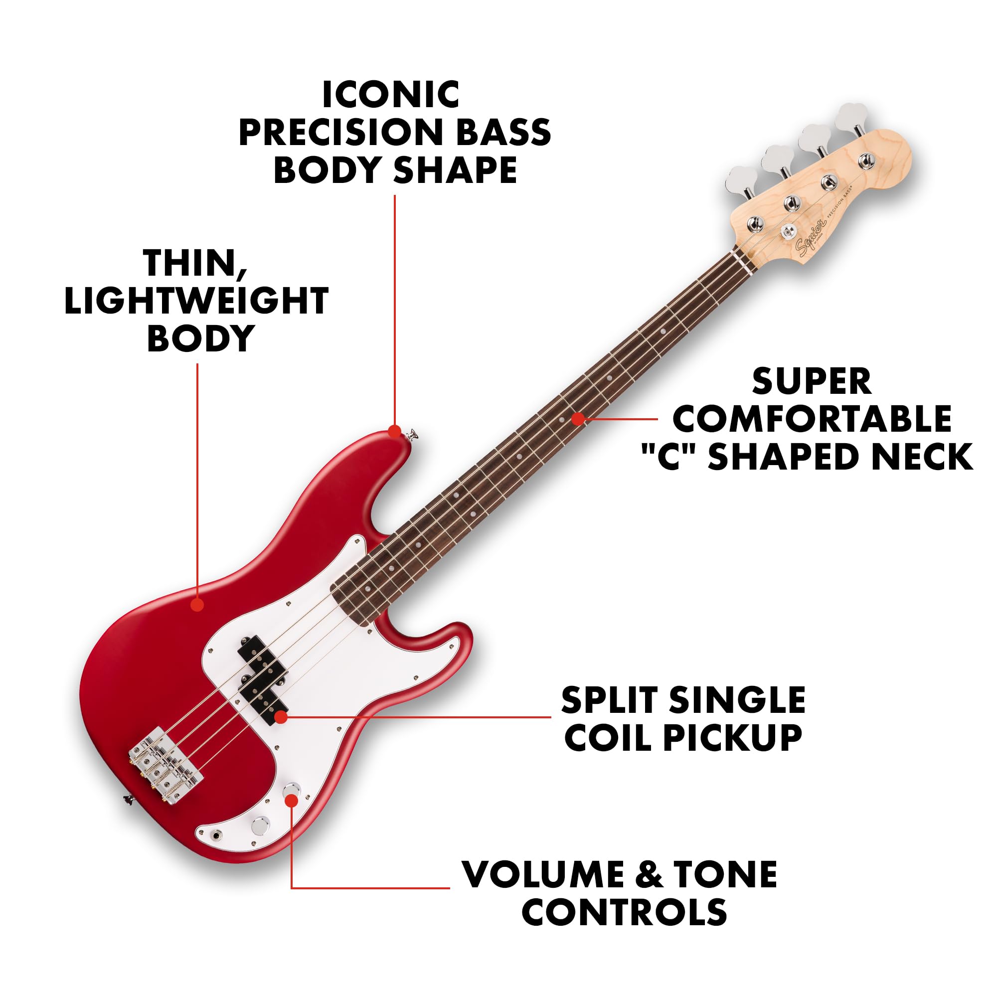 Fender Squier Debut Series Precision Bass Guitar, Beginner Guitar, With 2 Year Warranty, Includes Free Lessons, Dakota Red With