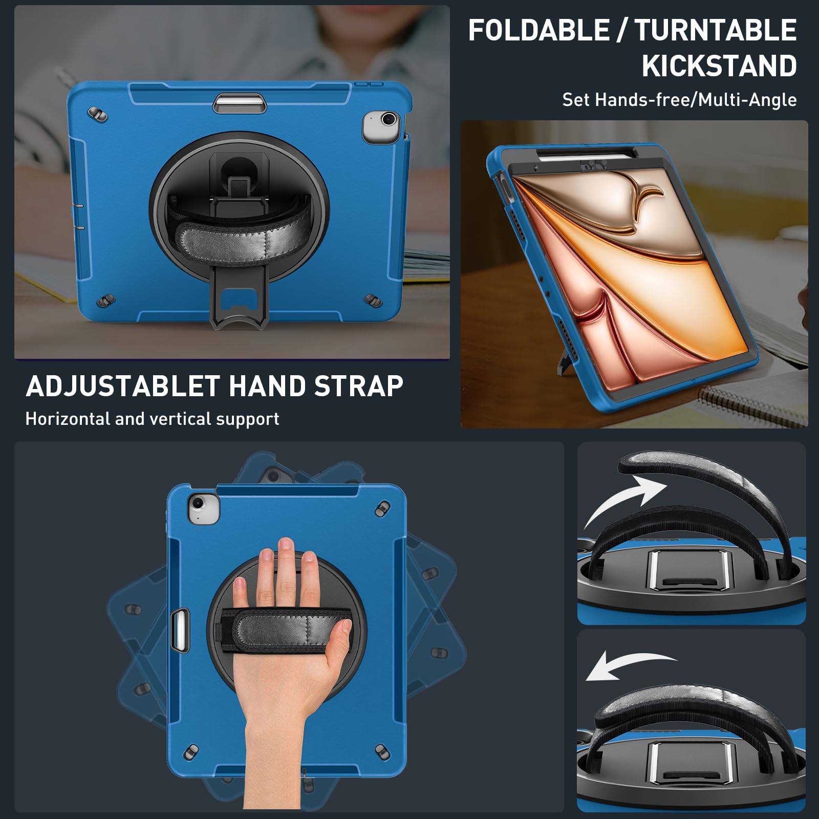 Supfives Case For Ipad Air 13 Inch 2024,With Screen Protector+Hand Strap+Shoulder Strap+Rotating Kickstand+Pencil Holder,Blue