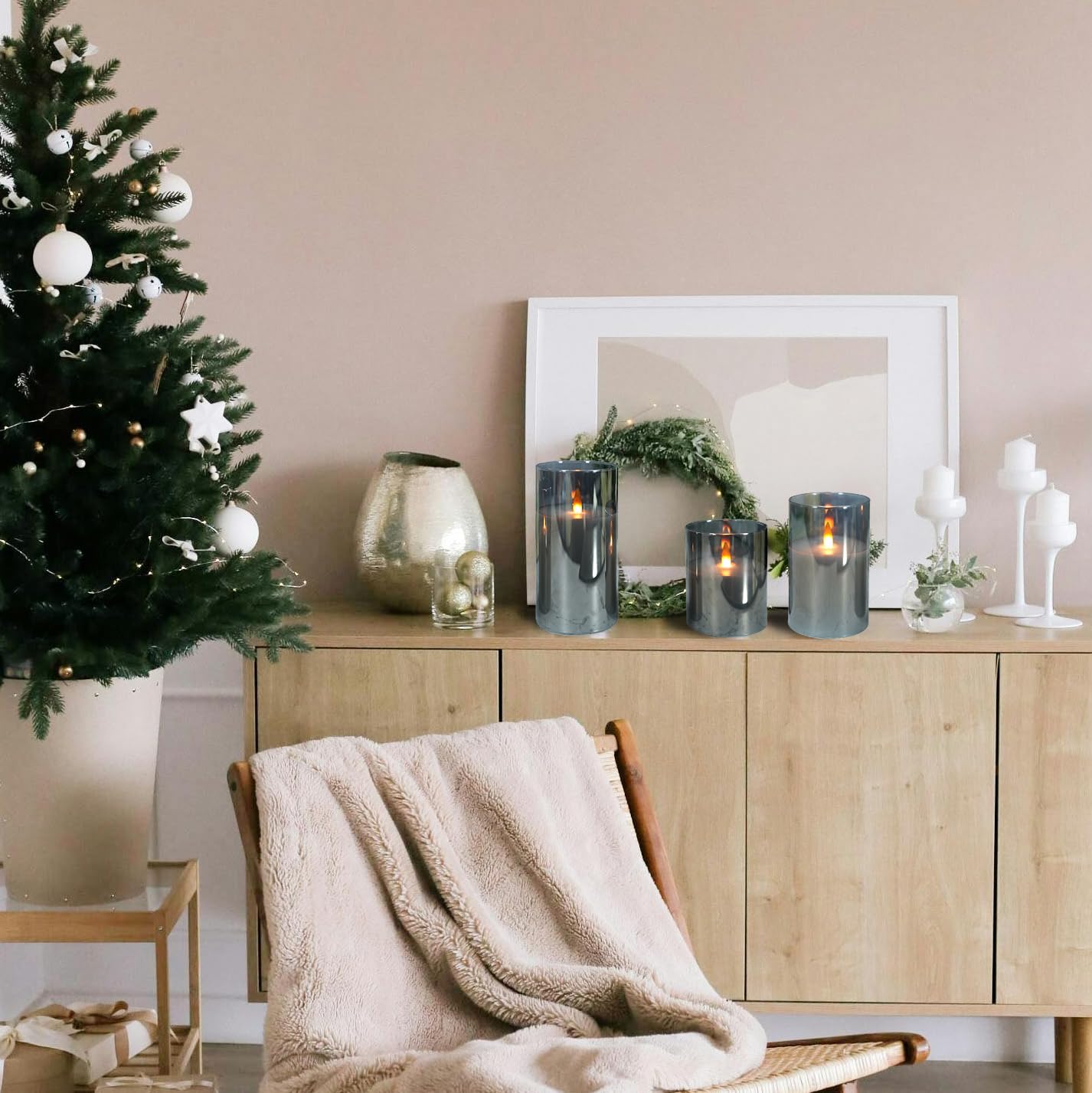 Niceme Grey Glass Flamelss Candles With Remote, Evanescing Radiance Candles Flickering Pillar Candles Battery Operated Real Wax