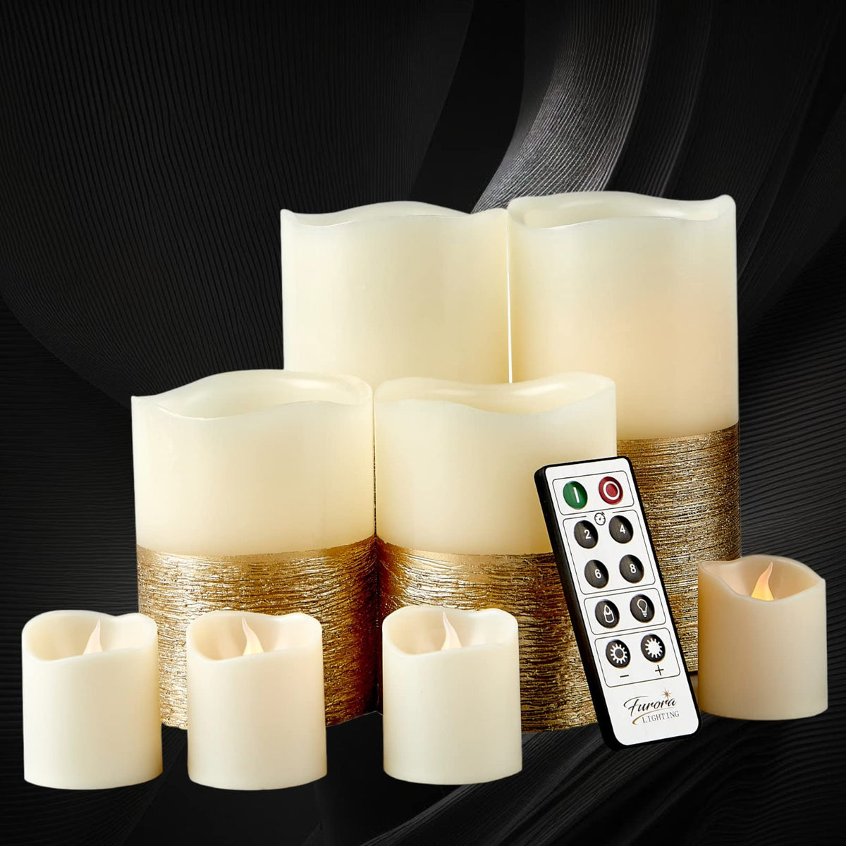 Furora Lighting Gold Real Wax Trim Candles With Remote And Timer, Pack Of 8 Pillar & Votive Candles, Led Flameless Flickering Ca