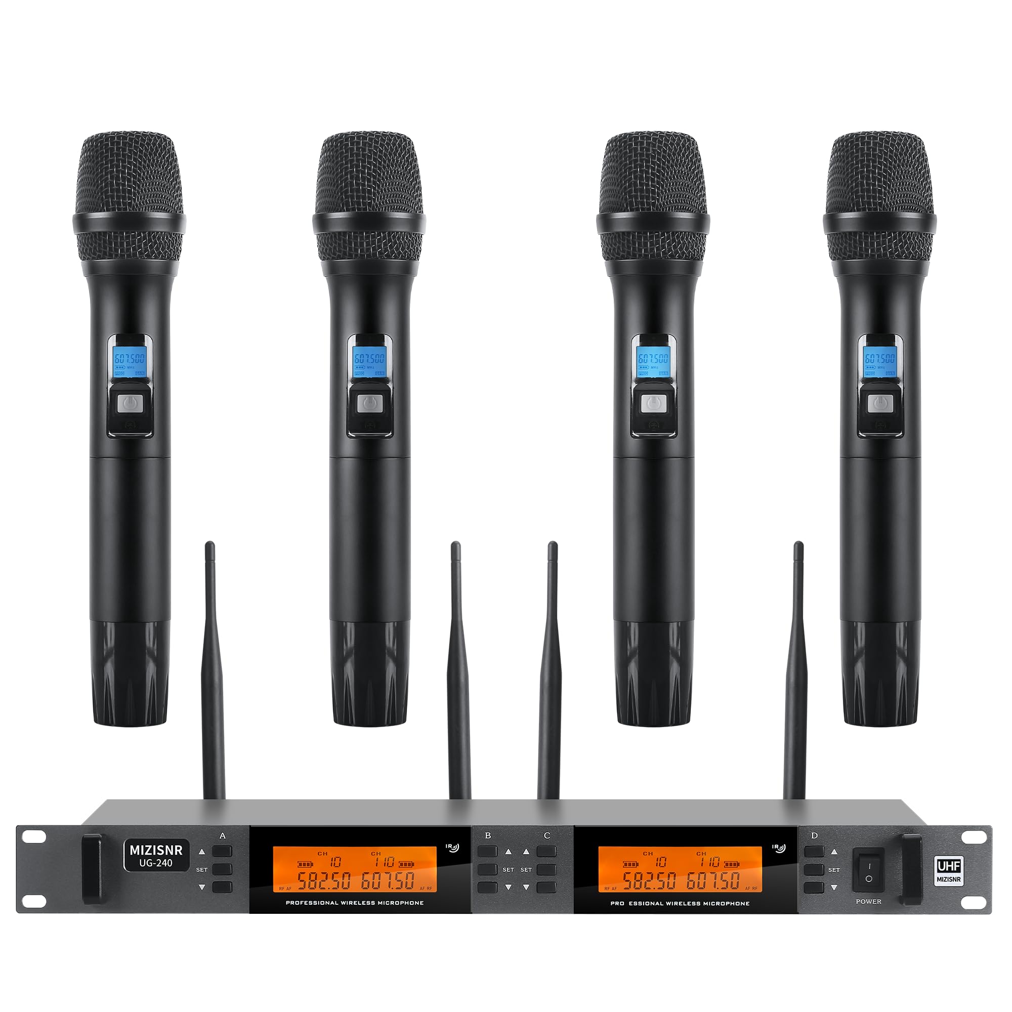 Mizisnr Wireless Microphone System 4 Channel, Uhf Metal Cordless Handheld Mics Set   200 Adjustable Frequencies, Auto Scan & Mem