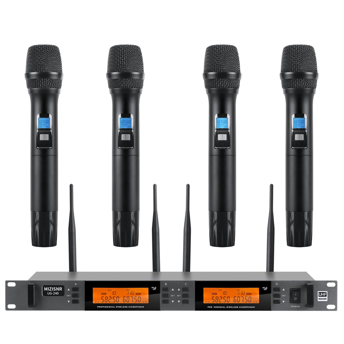 Mizisnr Wireless Microphone System 4 Channel, Uhf Metal Cordless Handheld Mics Set   200 Adjustable Frequencies, Auto Scan & Mem