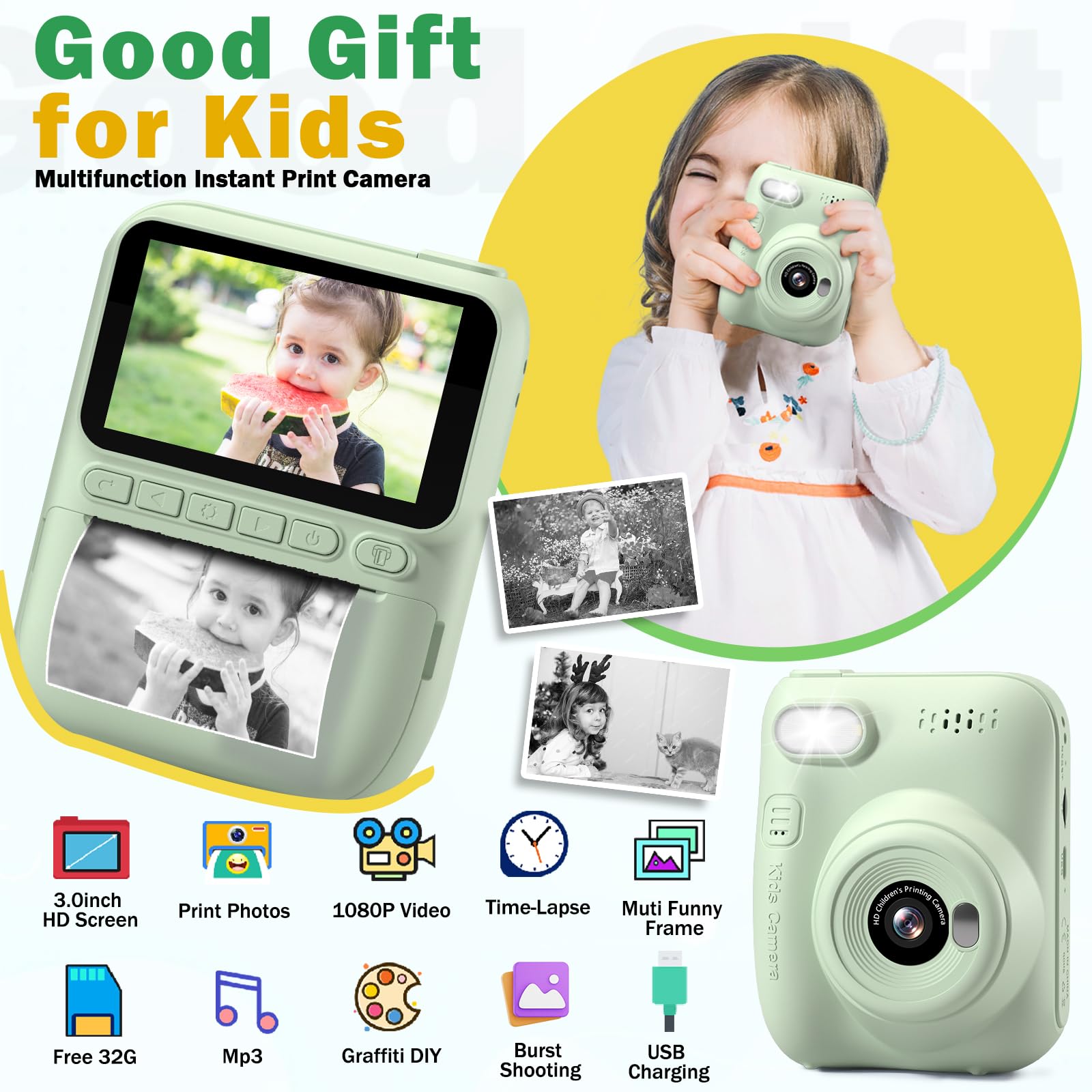 Kids Camera Instant Print, 1080P Video Kids Digital Camera With Print Paper, Birthday Gifts For Girls Boys, Toddler Camera For 3