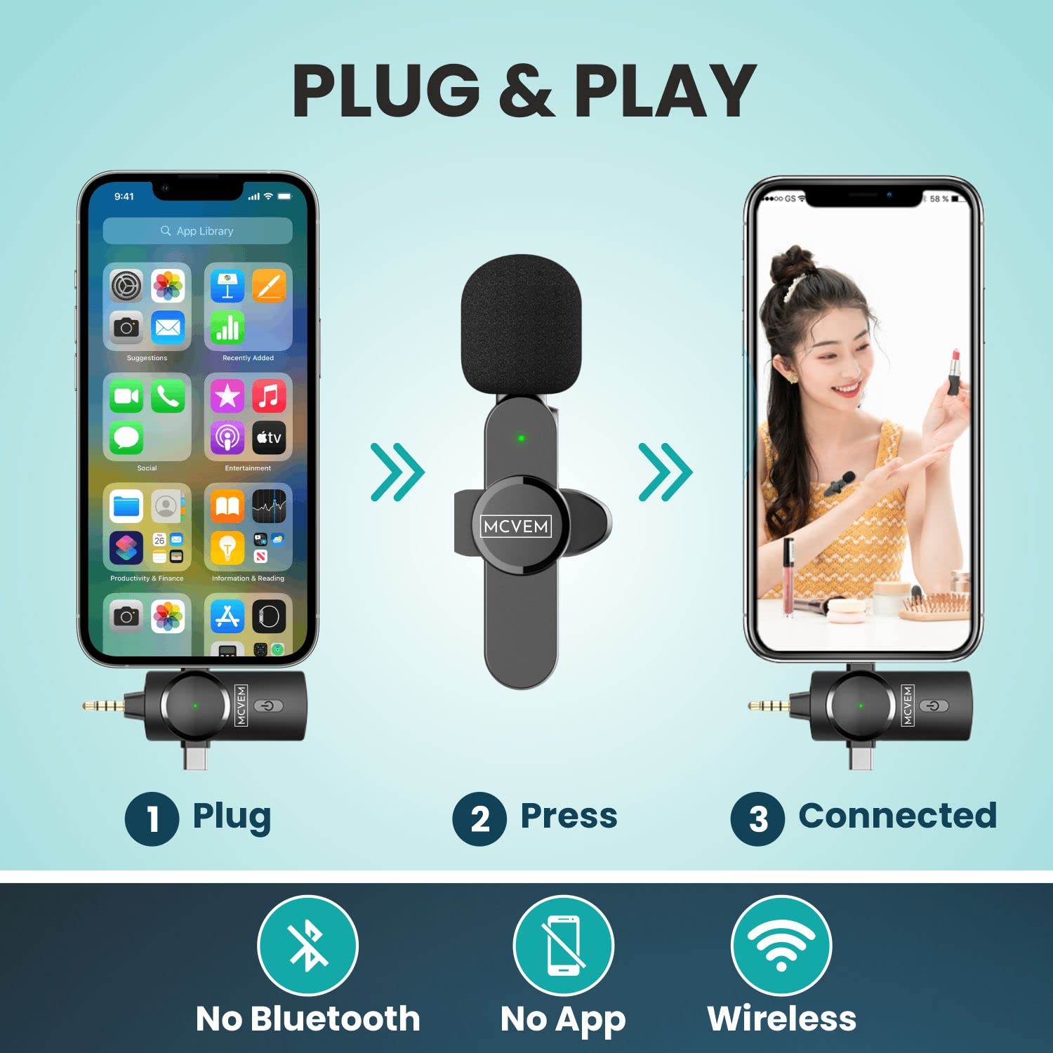 Mcvem Dual Wireless Lavalier Lapel Microphone For Iphone, Android, Camera 2 Cordless Mics Plug And Play 2.4G Noise Reduction Chi