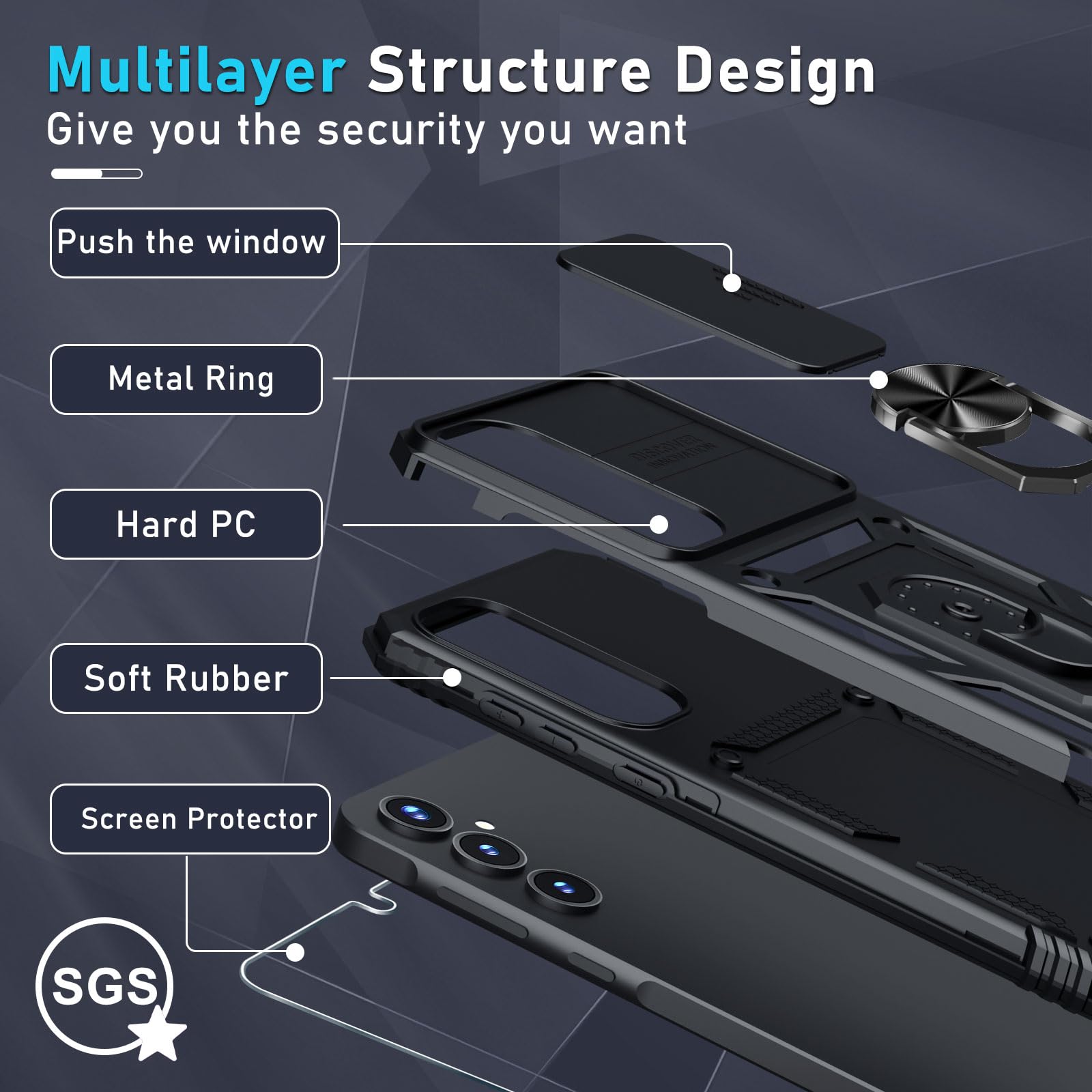 Janmitta Compatible With Samsung Galaxy A35 5G Case Built In Slide Camera Lens Cover+Screen Protector+Finger Ring Holder Kicksta