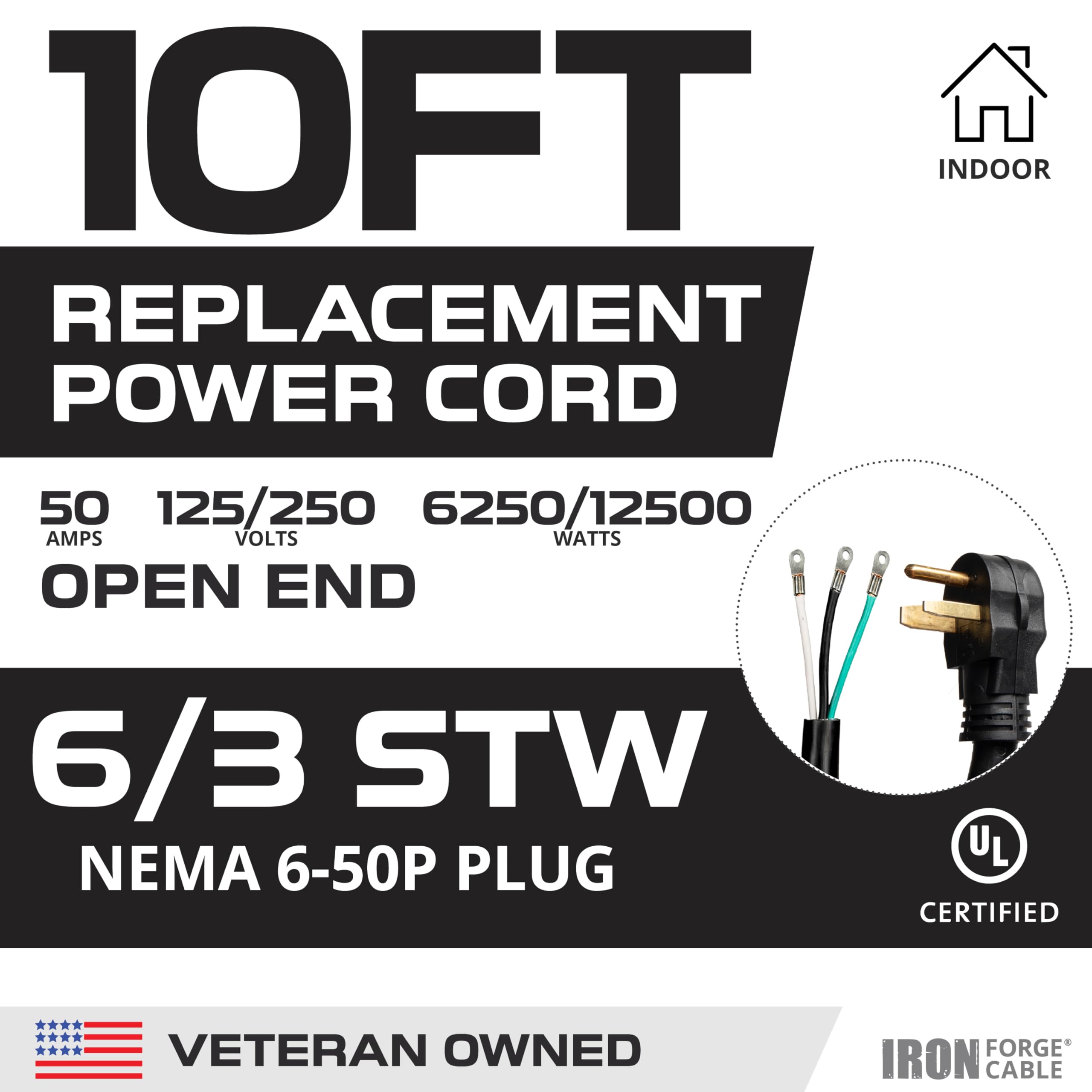 Iron Forge Cable Nema Ev Extension Cord 10 Ft With Open End, 50 Amp Power Cord With Eyelet 3 Wire 6/3 Gauge Replacement Cable, N