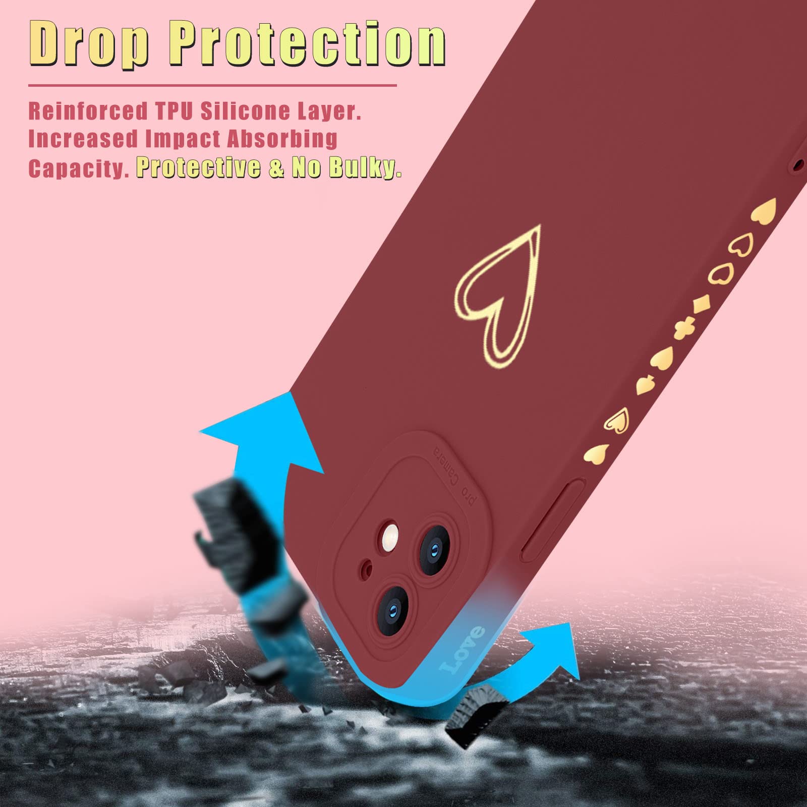 Teageo iPhone 12 Case 6.1 inch Love Heart Full Camera Lens Protection Shockproof Silicone Burgundy