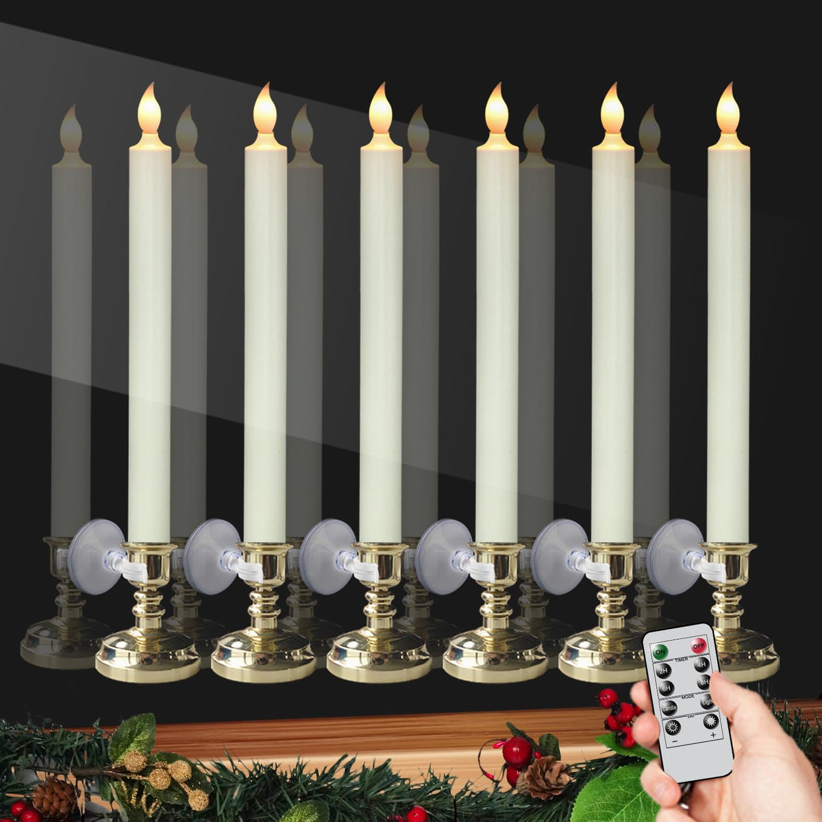 Dromance Flameless Window Candles With Remote And Timer, Battery Operated Led Taper Candles With Suction Cups Set Of 6 Christmas