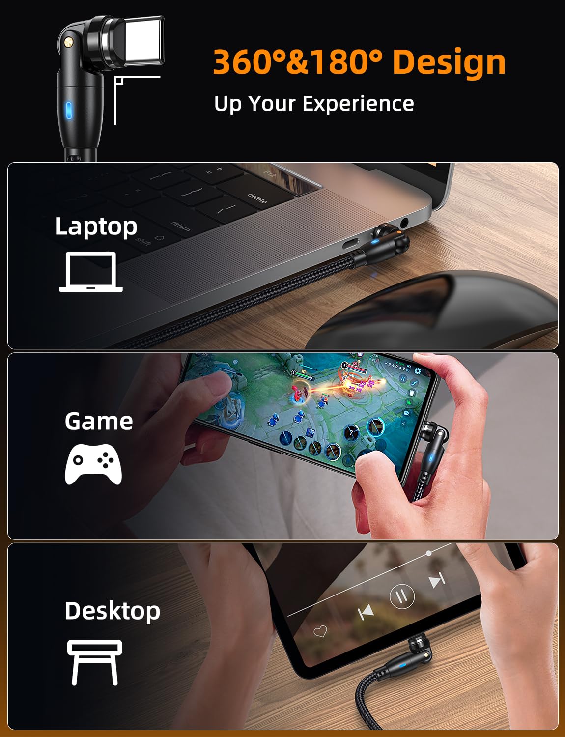 VAFOTON 100W USB C Magnetic Charging Cable (2Pack, 3.3ft/6ft) - 360°/180° Rotation, Compatible with Samsung Galaxy & MacBook