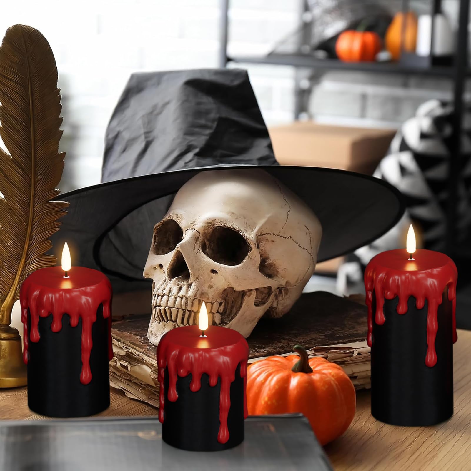 Wondise Halloween Flameless Candles With 6H Timer, Battery Operated Dripping Real Wax Black Led Pillar Candles 3D Wick Flickerin