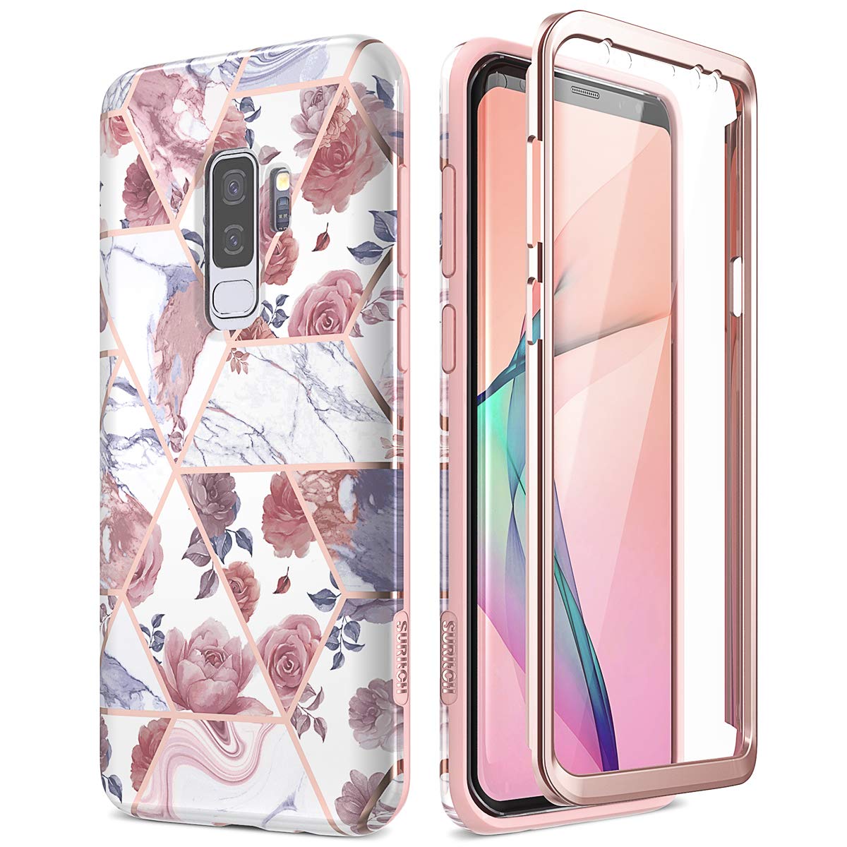 Suritch Case For Galaxy S9 Plus, [Built In Screen Protector] Rose Marble Full Body Protection Shockproof Rugged Bumper Protectiv