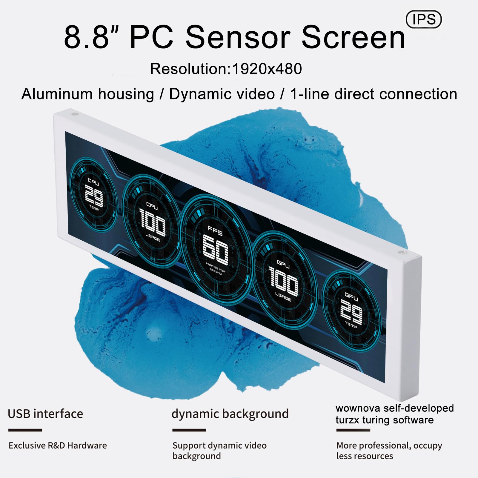 Wownova 8.8'' Computer Temp Monitor (Dynamic Theme Supported), 1 Click 1 Cable To Get Started Quickly Pc Temperature Display Sen