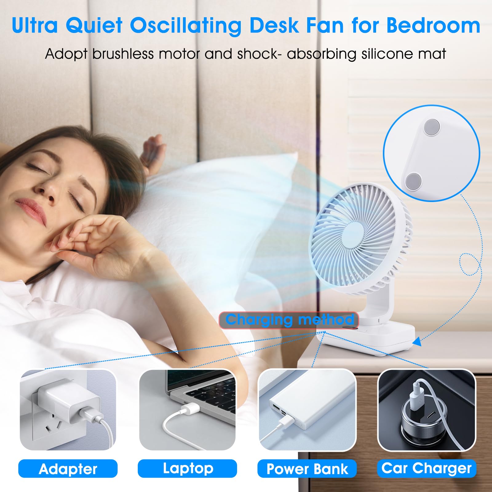 Digibond Table Fan Oscillating Small Oscillating Fan For Bedroom Ultra Quiet Desk Fan 90 Vertical Rotated 4 Speeds Cordless Pers