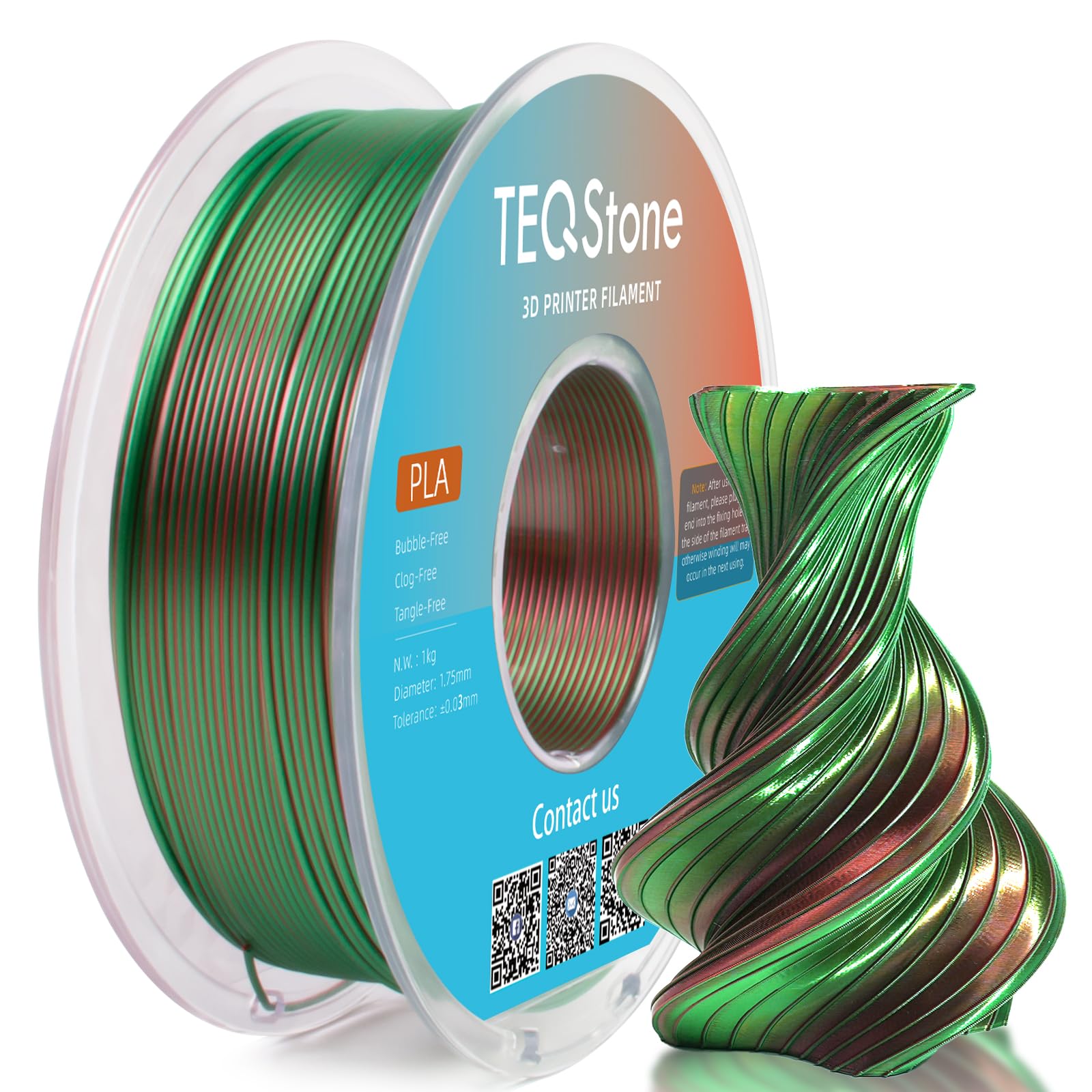TEQStone Dual Color Silk PLA Filament 1.75mm Green Red 1KG, Shiny High Gloss Finish, Seamless Color Transition, Neatly Wound, Ac
